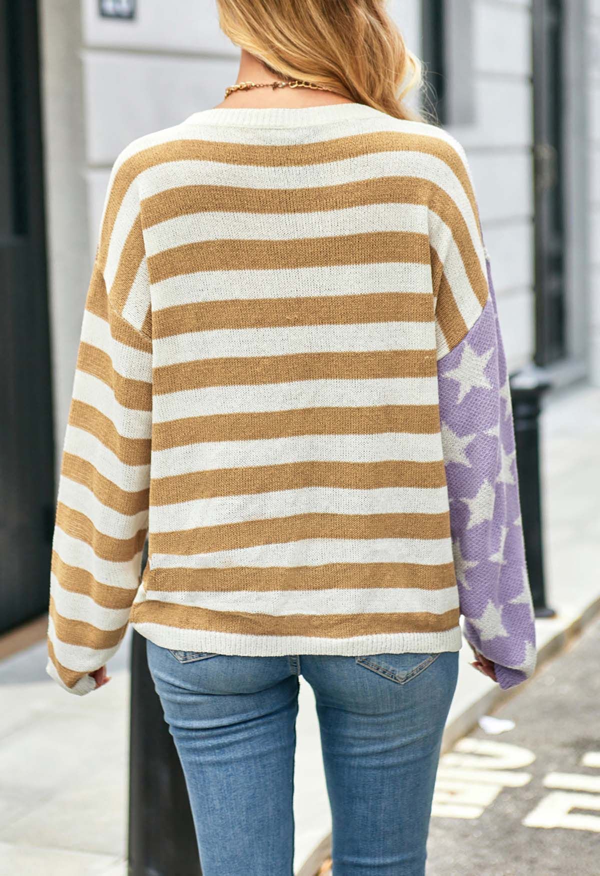 The Stars and The Stripes Printed Knit Sweater in Tan