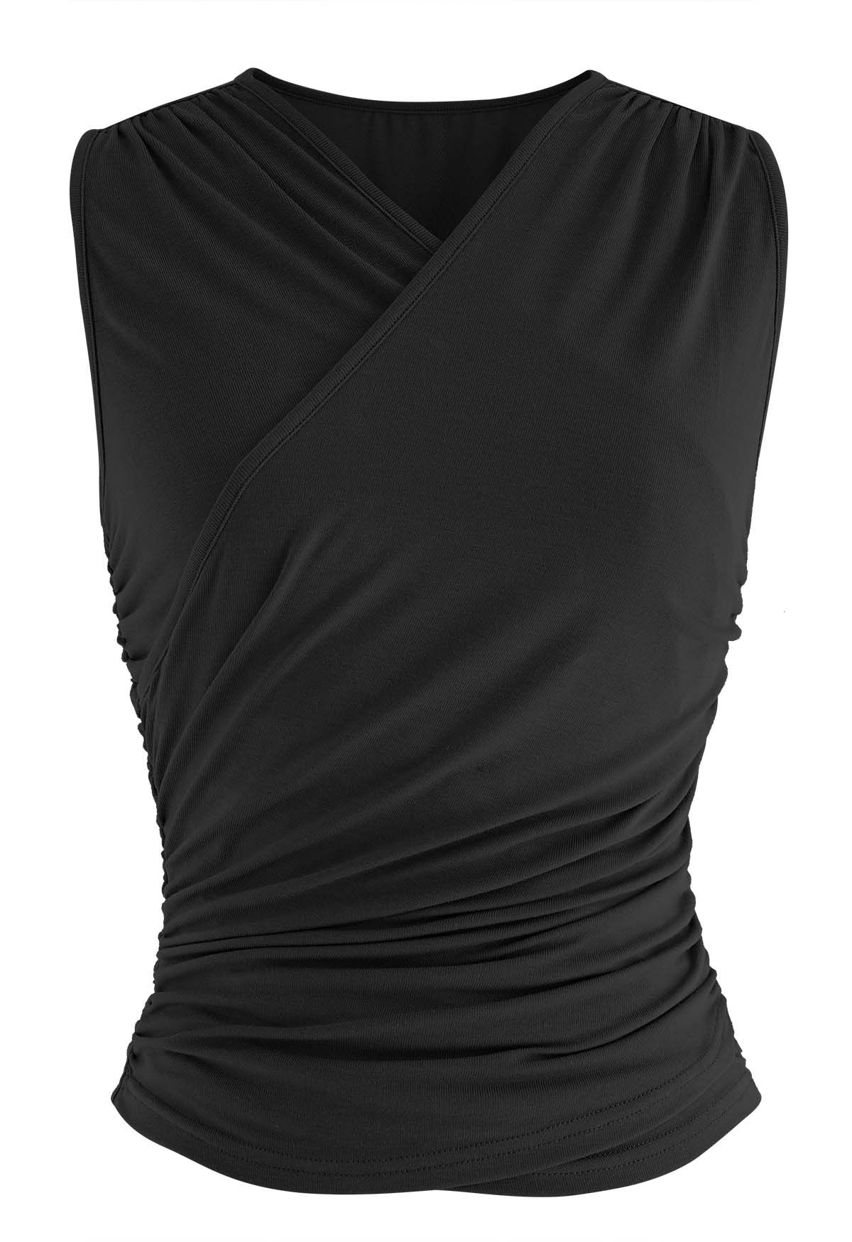 Faux-Wrap Ruched Sleeveless Top in Black - Retro, Indie and Unique Fashion