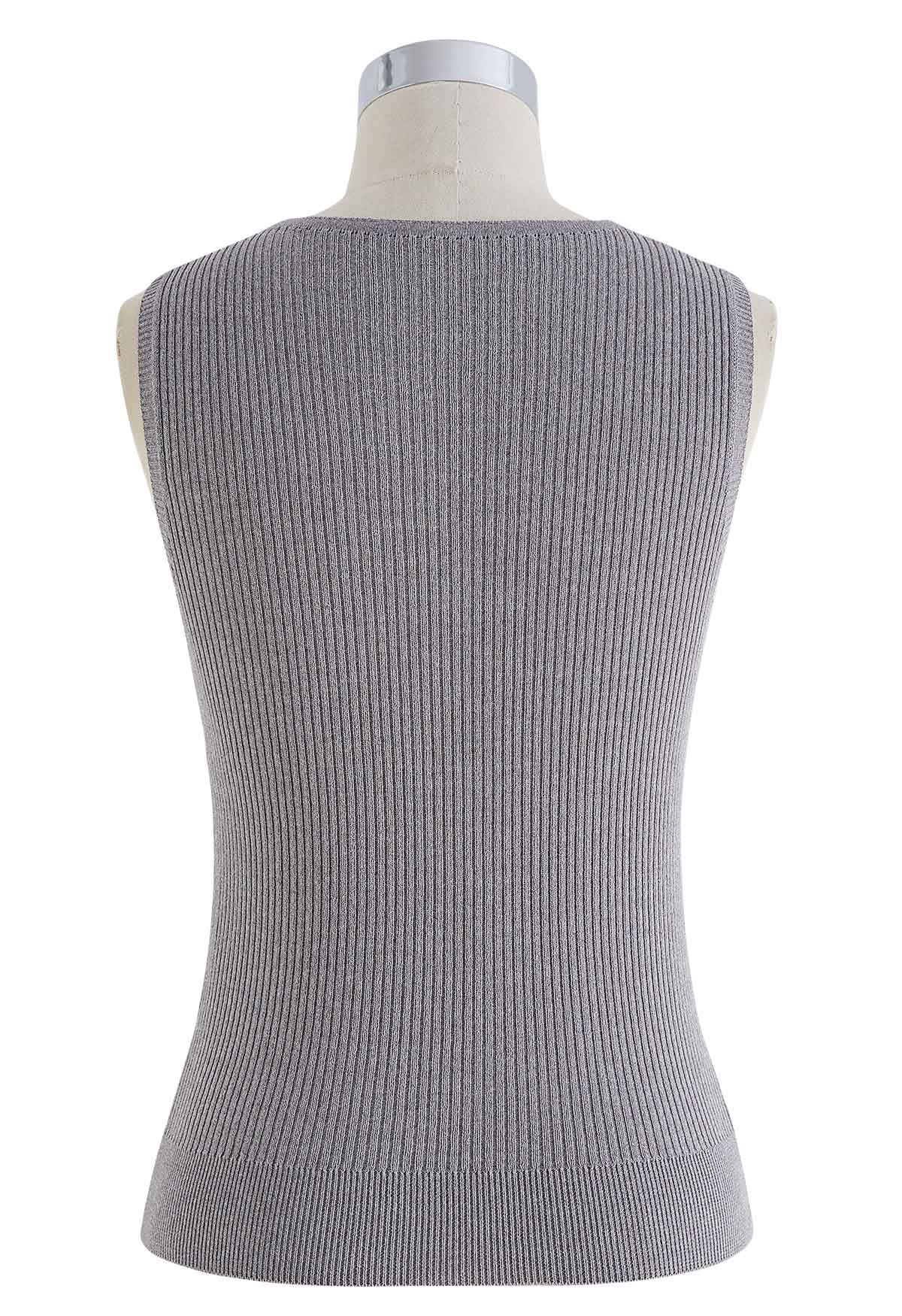 Fake Two-Piece Buttoned Ribbed Knit Top in Grey