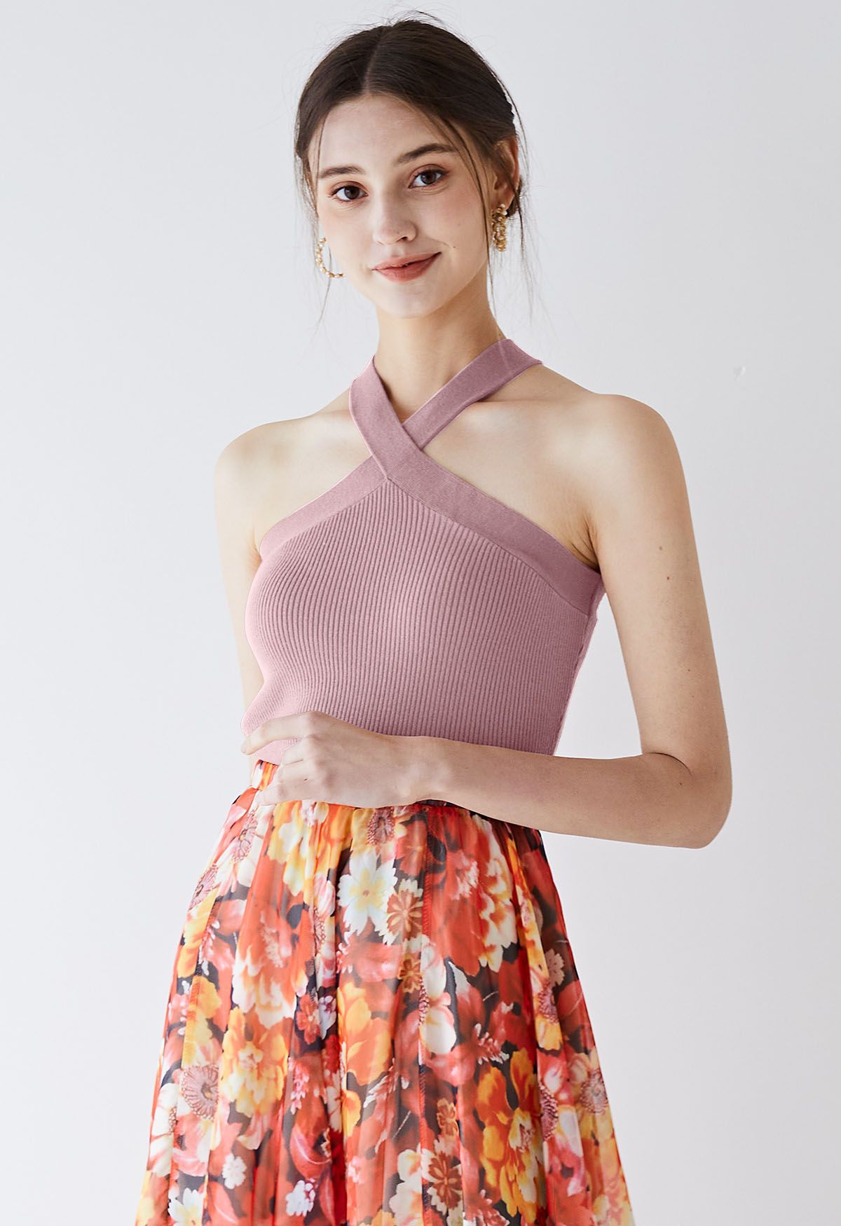 Criss Cross Straps Halter Knit Top in Pink - Retro, Indie and Unique Fashion