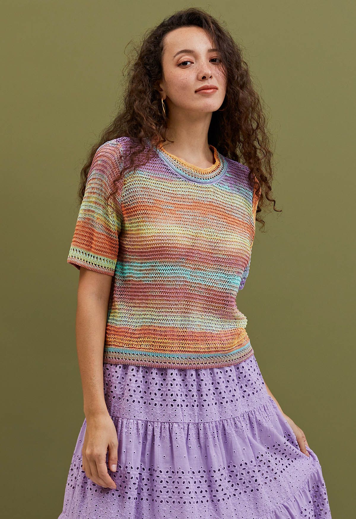 Multicolored Hollow Out Short Sleeve Top