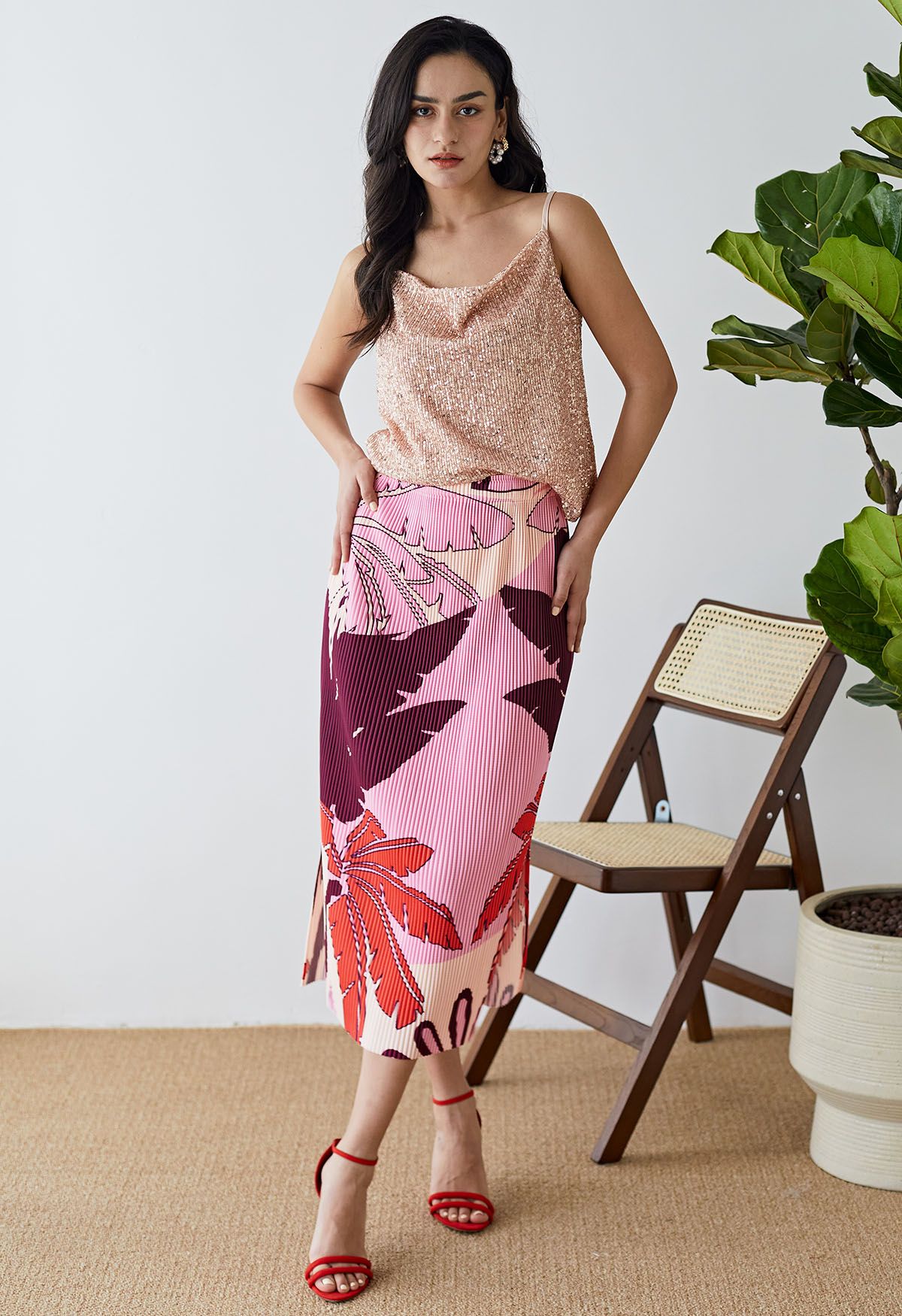 Tropical Palm Printed Plisse Pencil Skirt