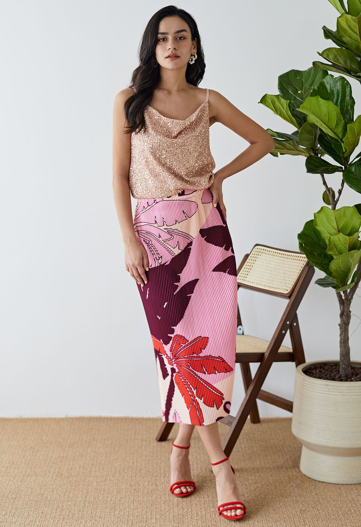 Tropical Palm Printed Plisse Pencil Skirt
