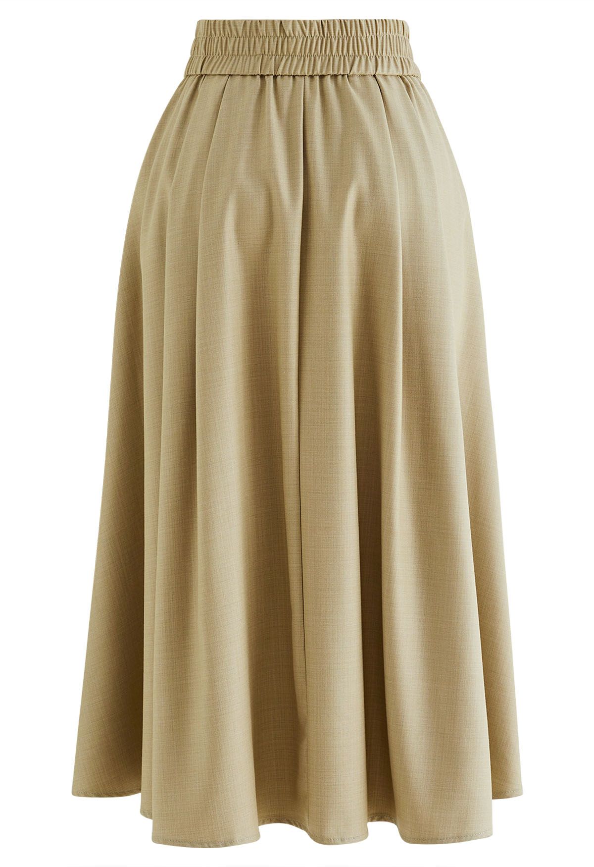 Side Pockets Pleated Midi Skirt in Khaki