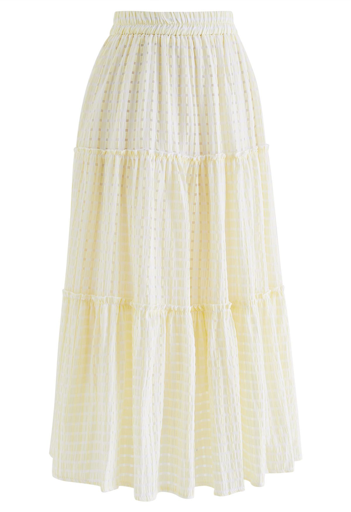Check Pattern A-Line Midi Skirt in Light Yellow