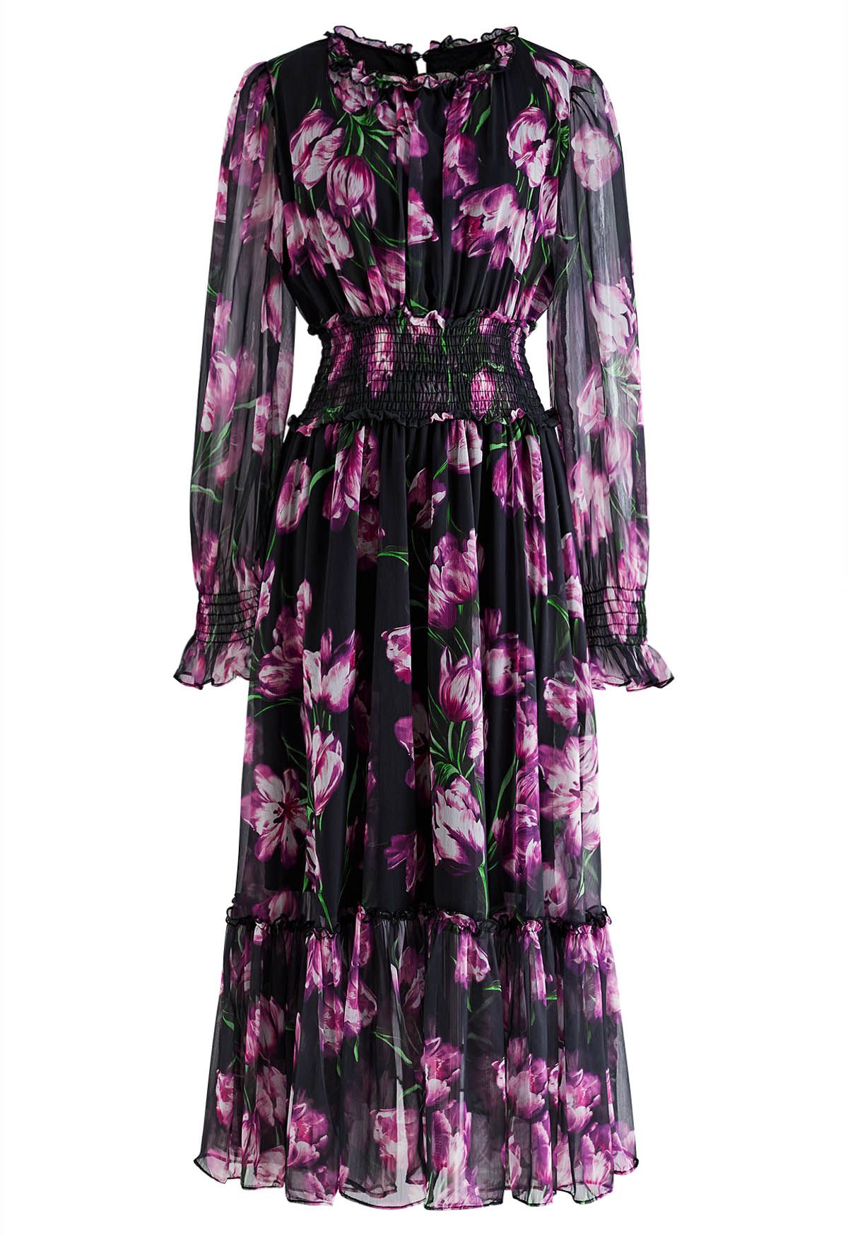 Violet Floral Shirred Waist Chiffon Dress - Retro, Indie and Unique Fashion