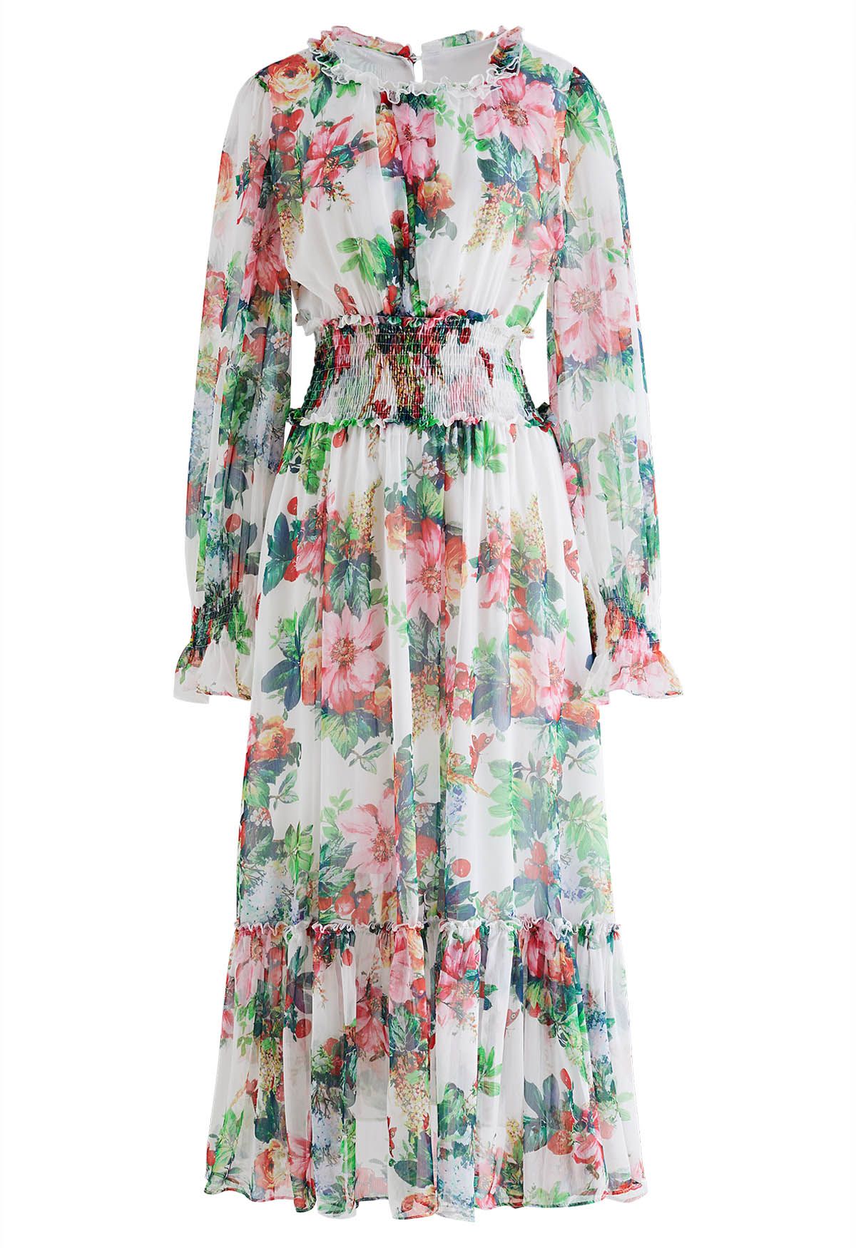 Thriving Garden Shirred Waist Chiffon Dress