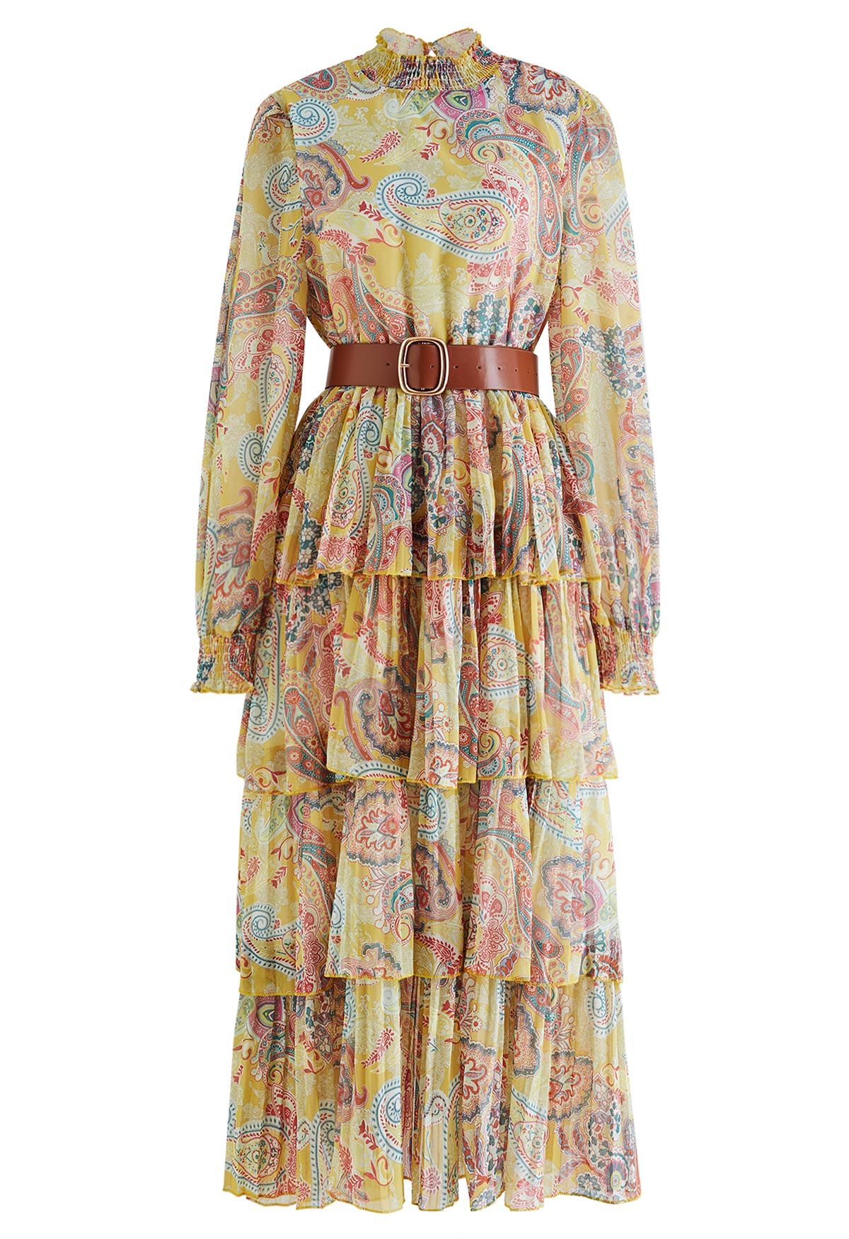 Paisley Printed Belted Tiered Chiffon Dress in Yellow - Retro, Indie ...