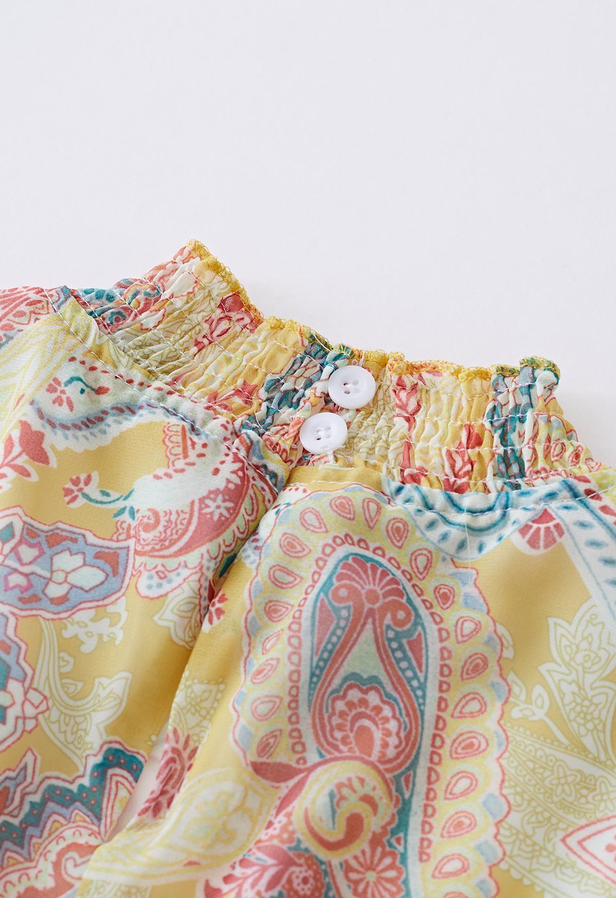 Paisley Printed Belted Tiered Chiffon Dress in Yellow - Retro, Indie ...