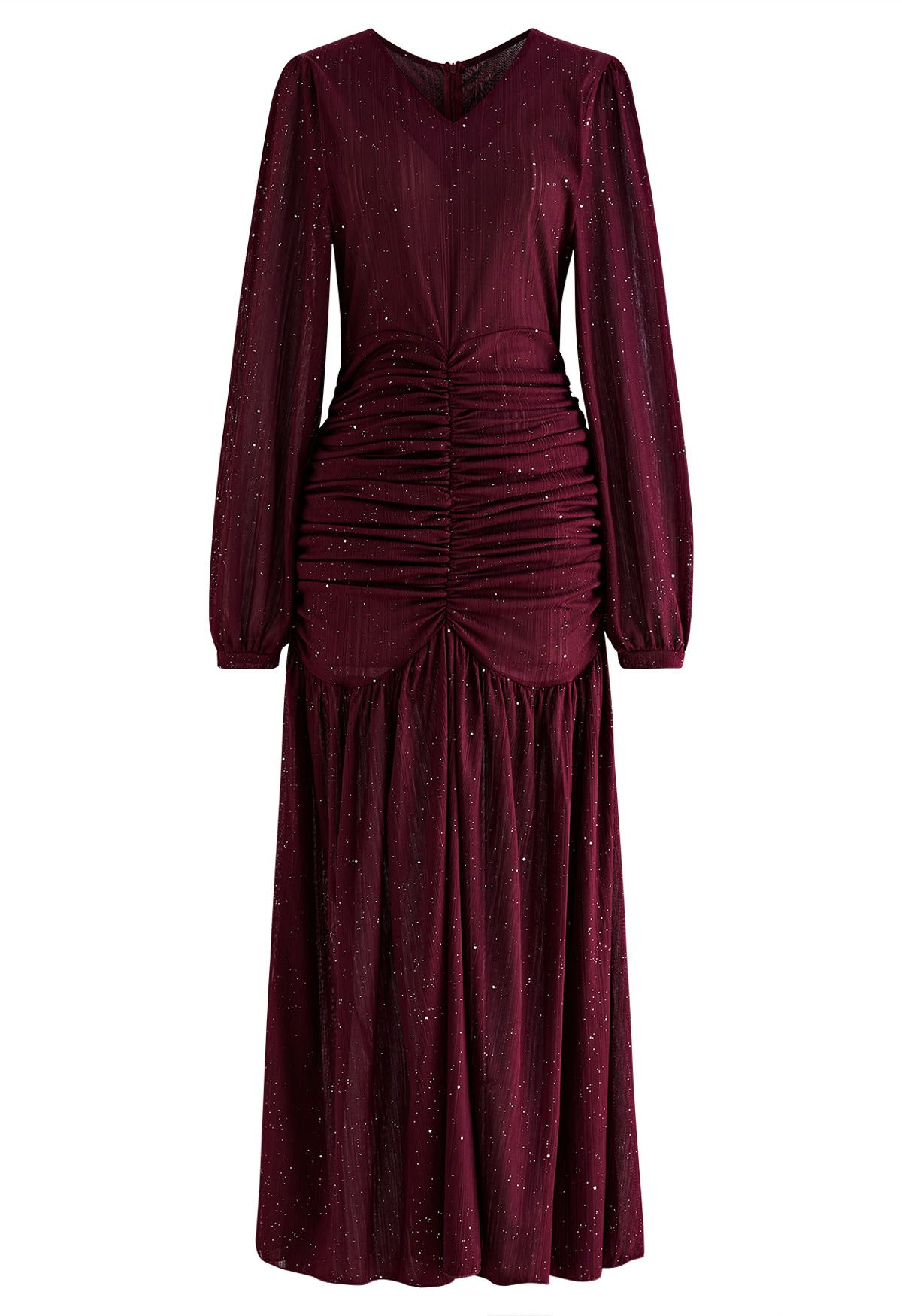 Glitter Ruched Frilling Maxi Dress in Burgundy - Retro, Indie and ...