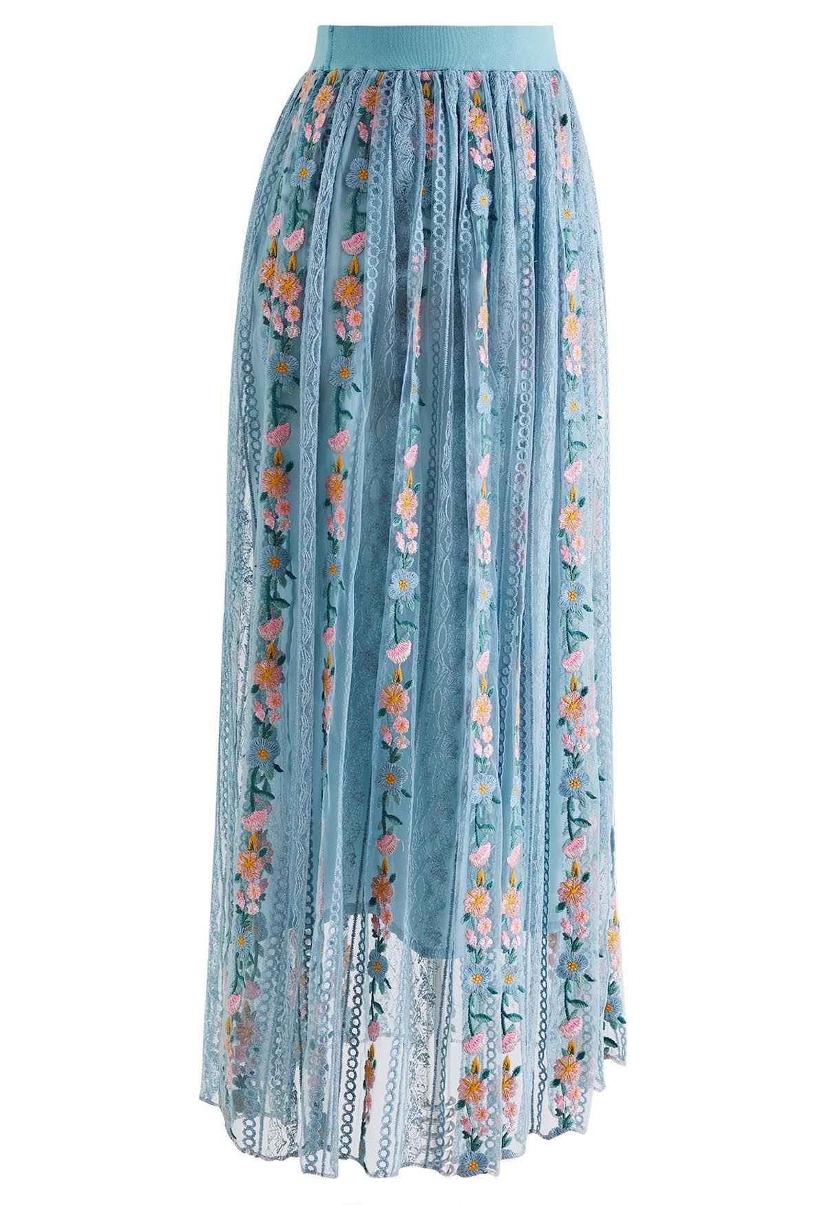Flower Chain Embroidered Mesh Skirt in Dusty Blue - Retro, Indie and ...