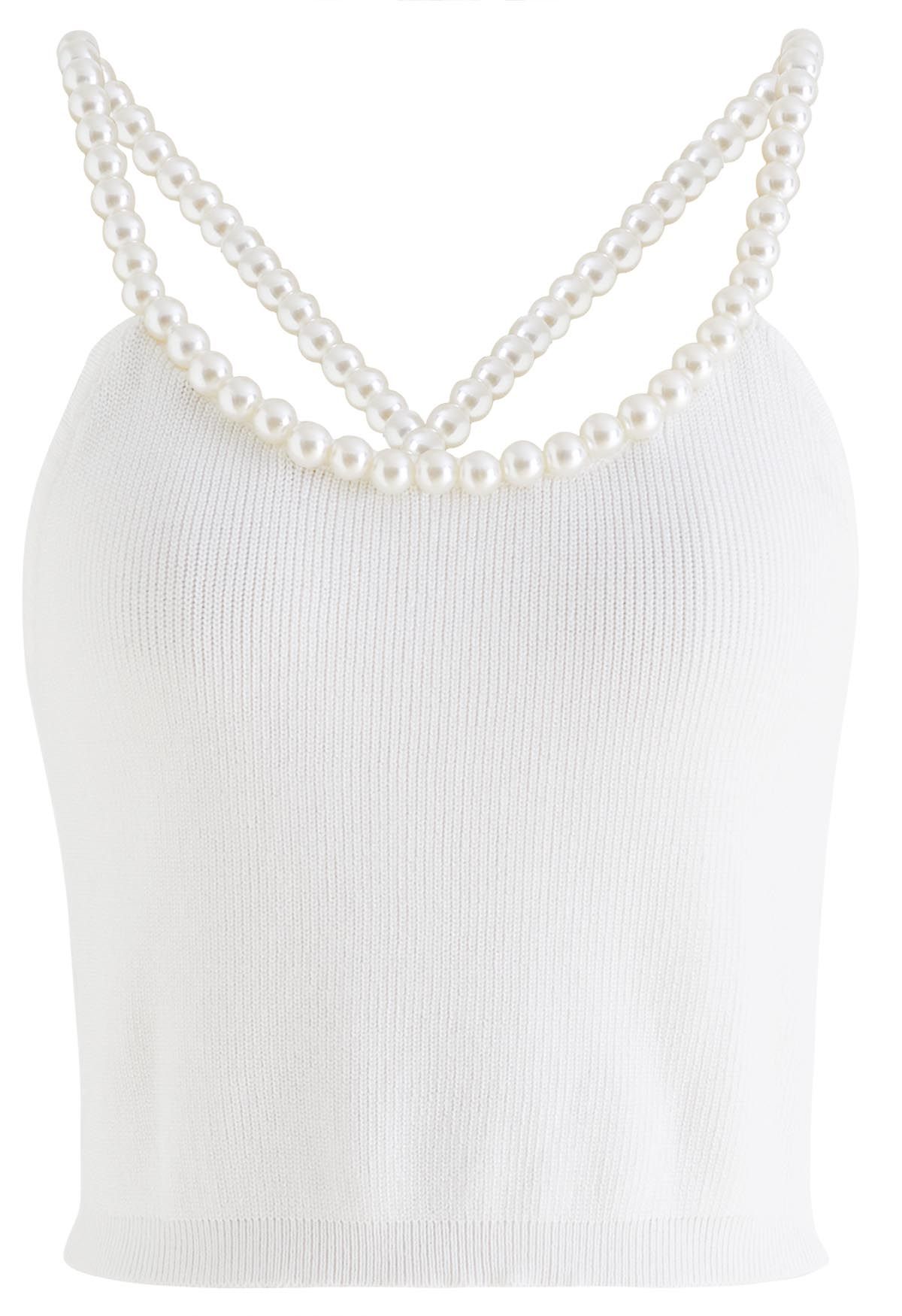 Beaded Strap Knit Crop Top in White