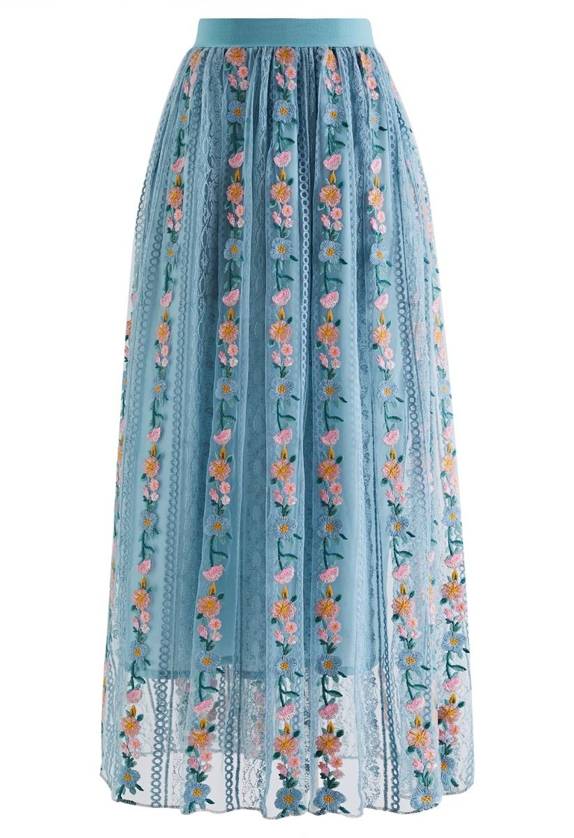 Flower Chain Embroidered Mesh Skirt in Dusty Blue - Retro, Indie and ...