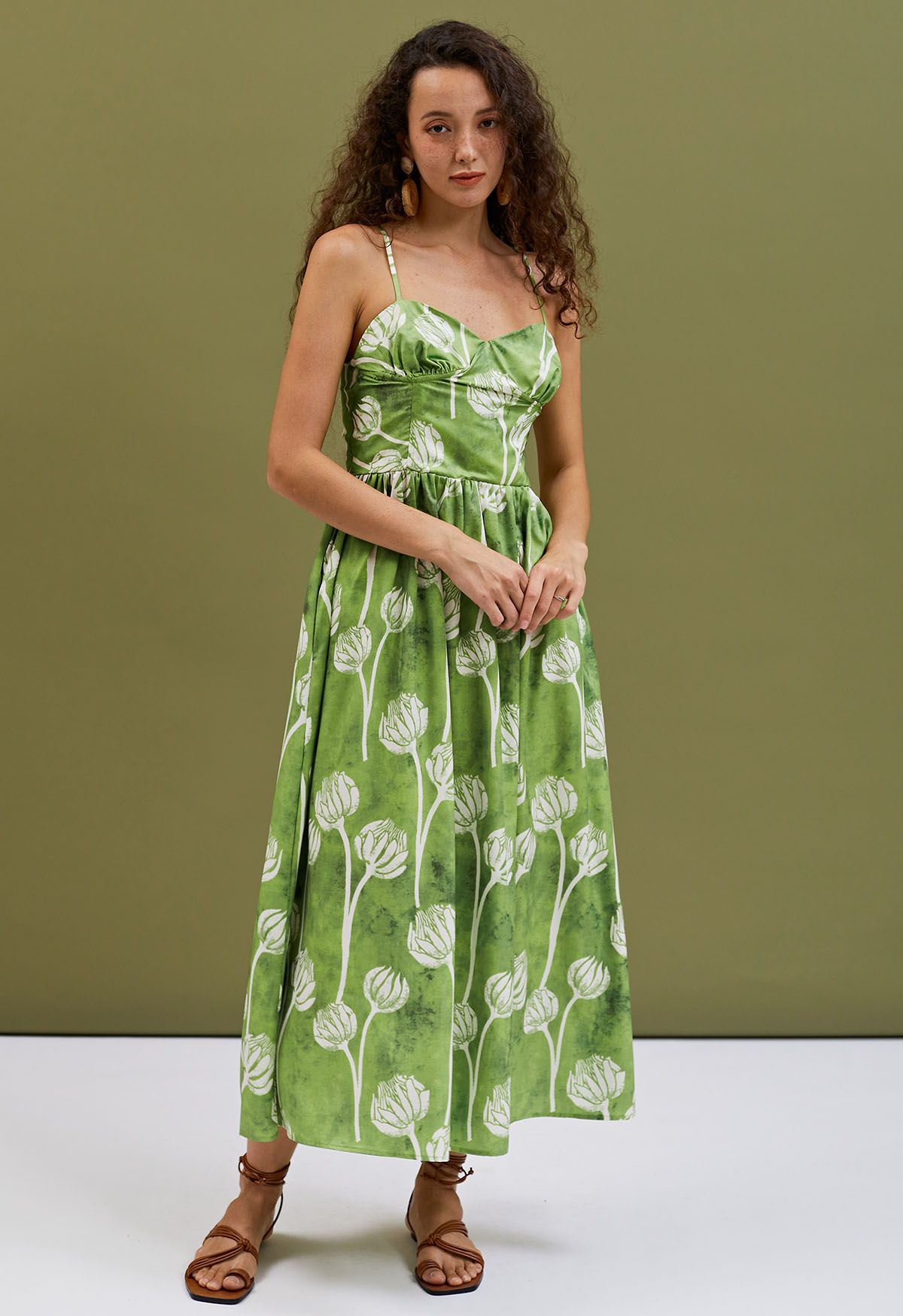 Green Twin Flower Buds Printed Cami Dress - Retro, Indie and Unique Fashion