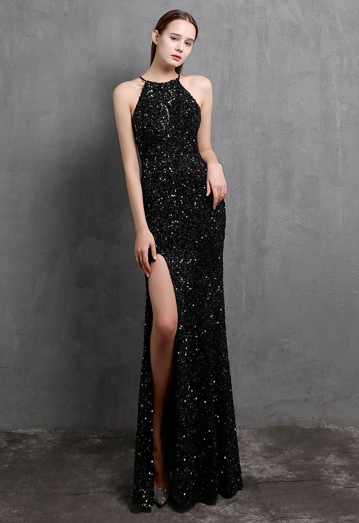 Halter Neck Cutout Sequined Slit Mermaid Gown in Black