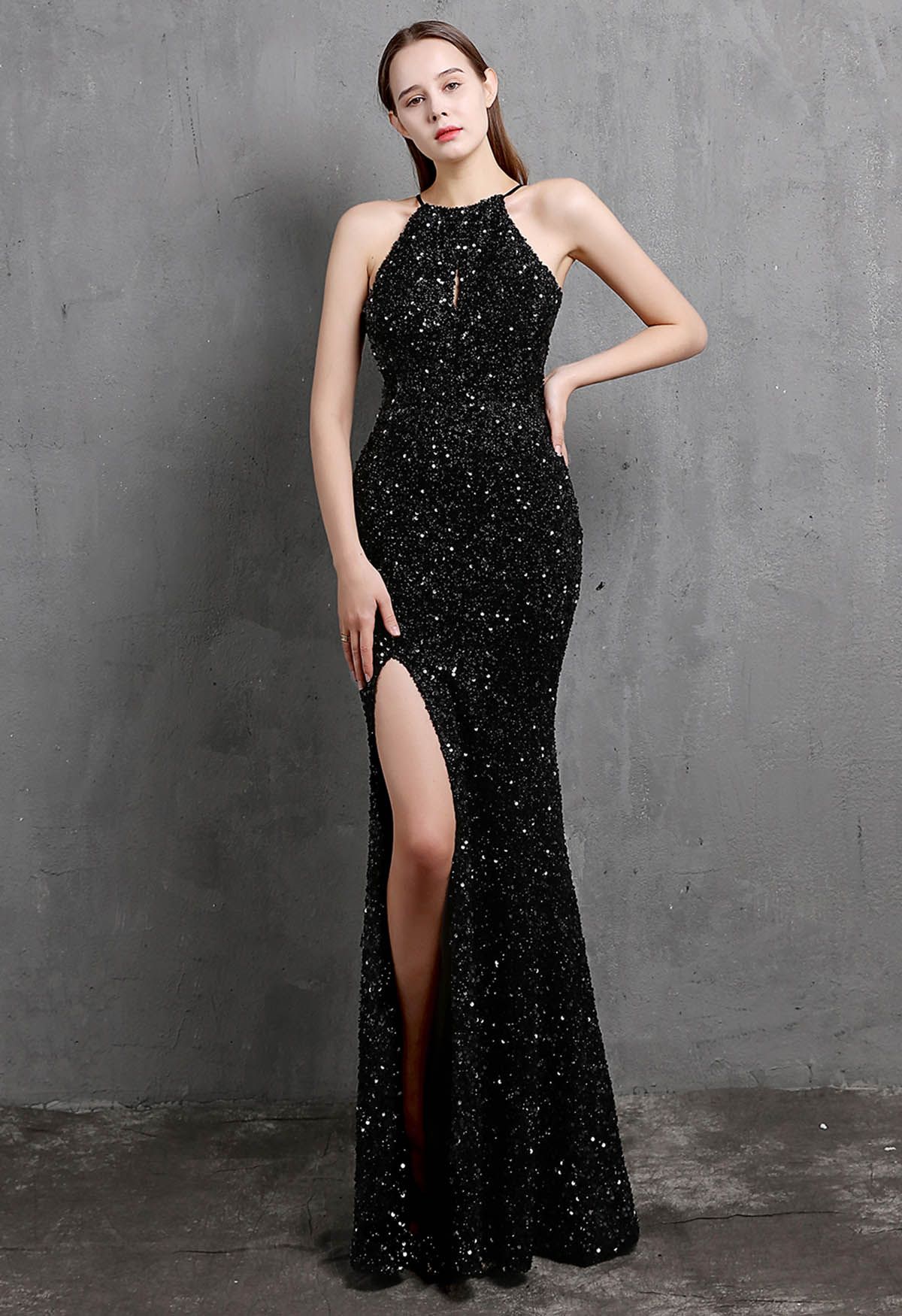 Halter Neck Cutout Sequined Slit Mermaid Gown in Black