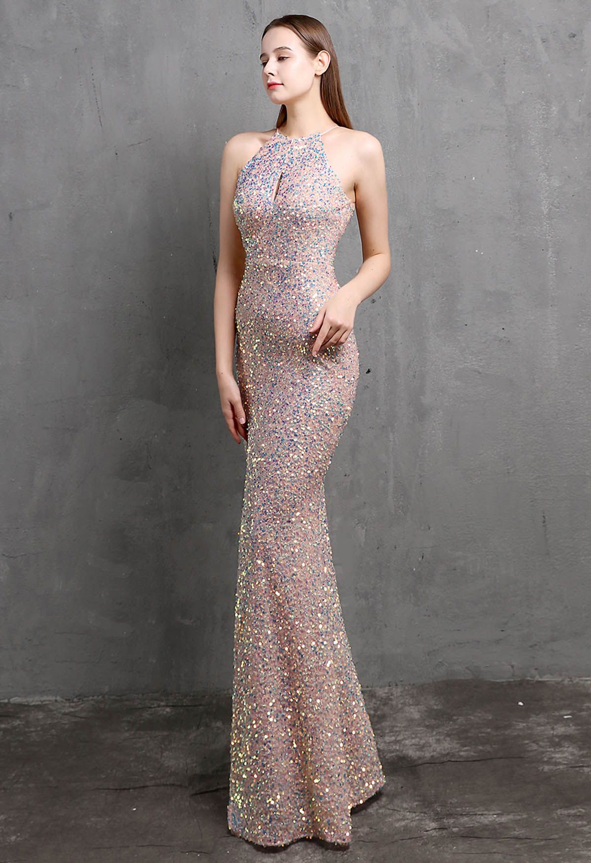 Halter Neck Cutout Sequined Slit Mermaid Gown in Pink