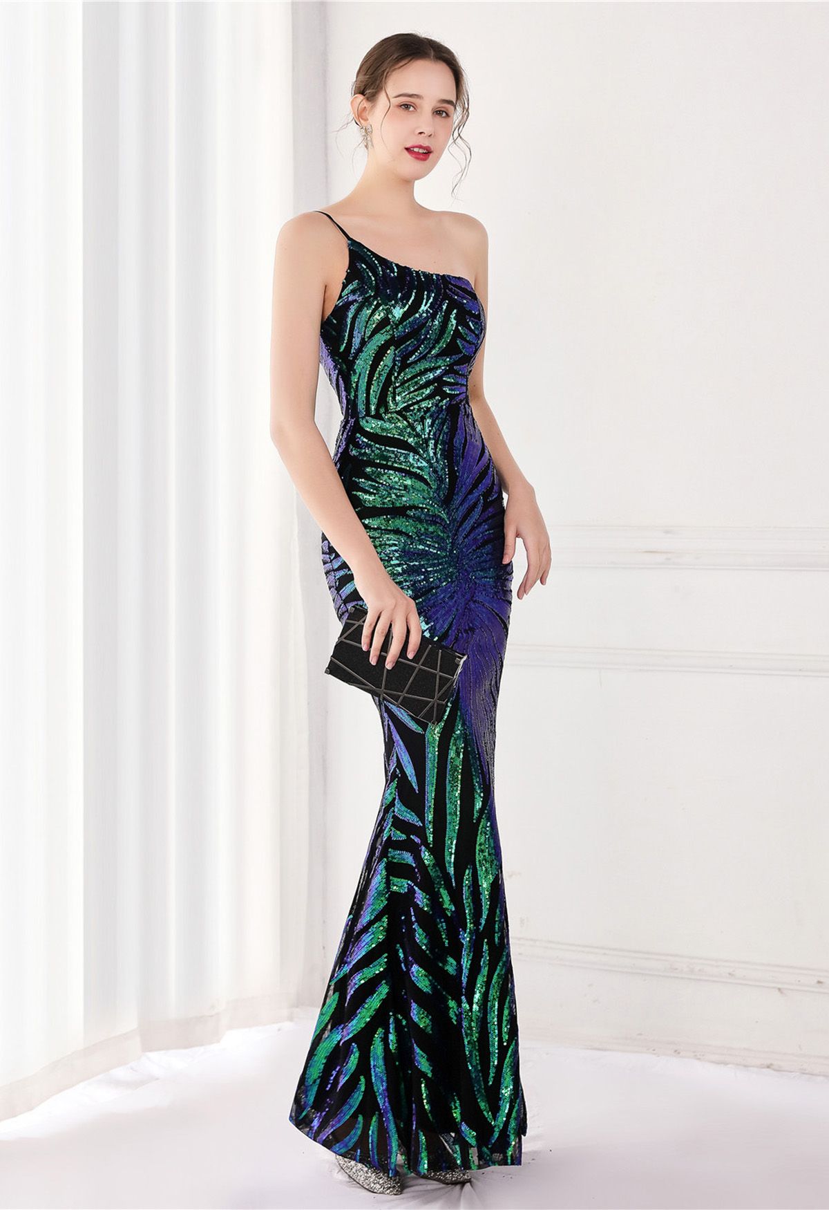 One-Shoulder Leaf Sequined Mermaid Gown in Green - Retro, Indie and ...