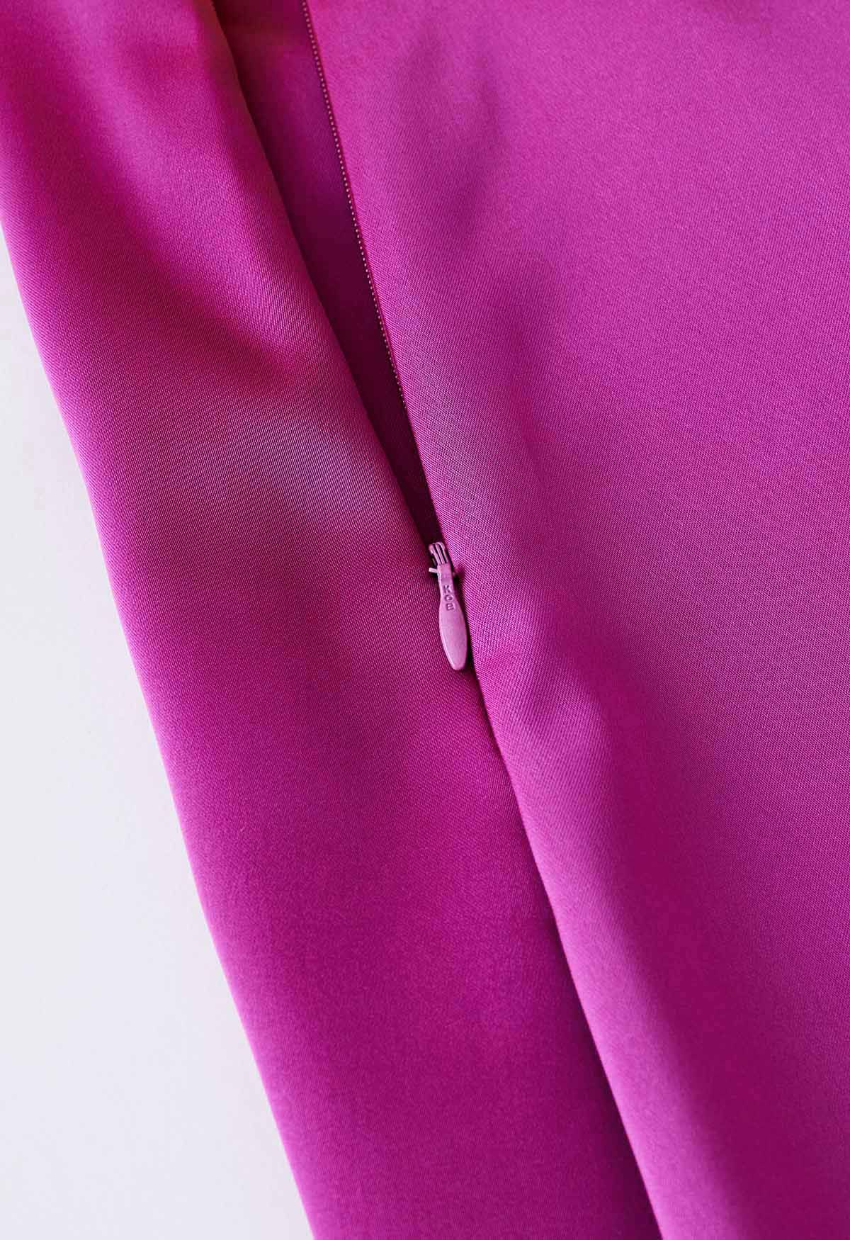 V-Neck Bubble Sleeves Satin Midi Dress in Magenta
