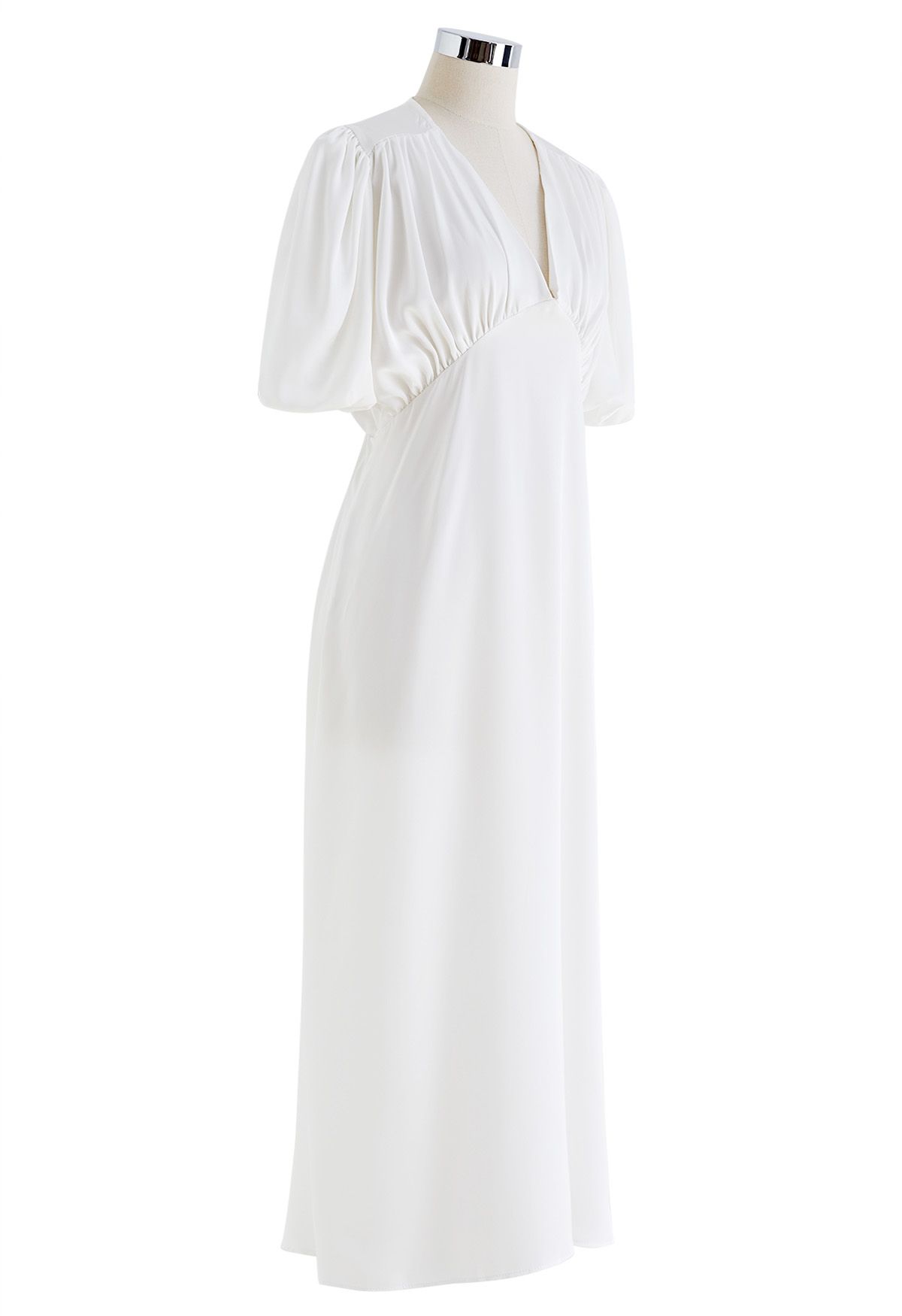 V-Neck Bubble Sleeves Satin Midi Dress in White