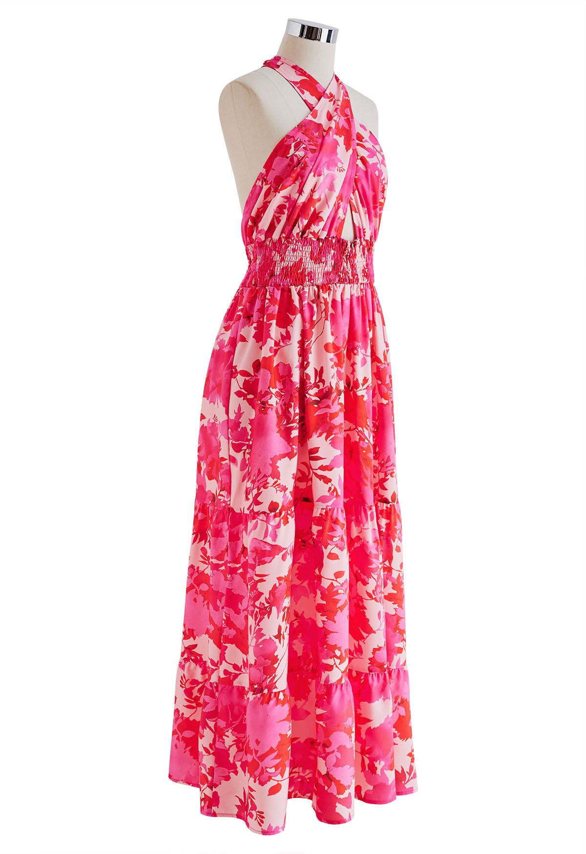 Hot Pink Floral Halter Maxi Dress - Retro, Indie and Unique Fashion
