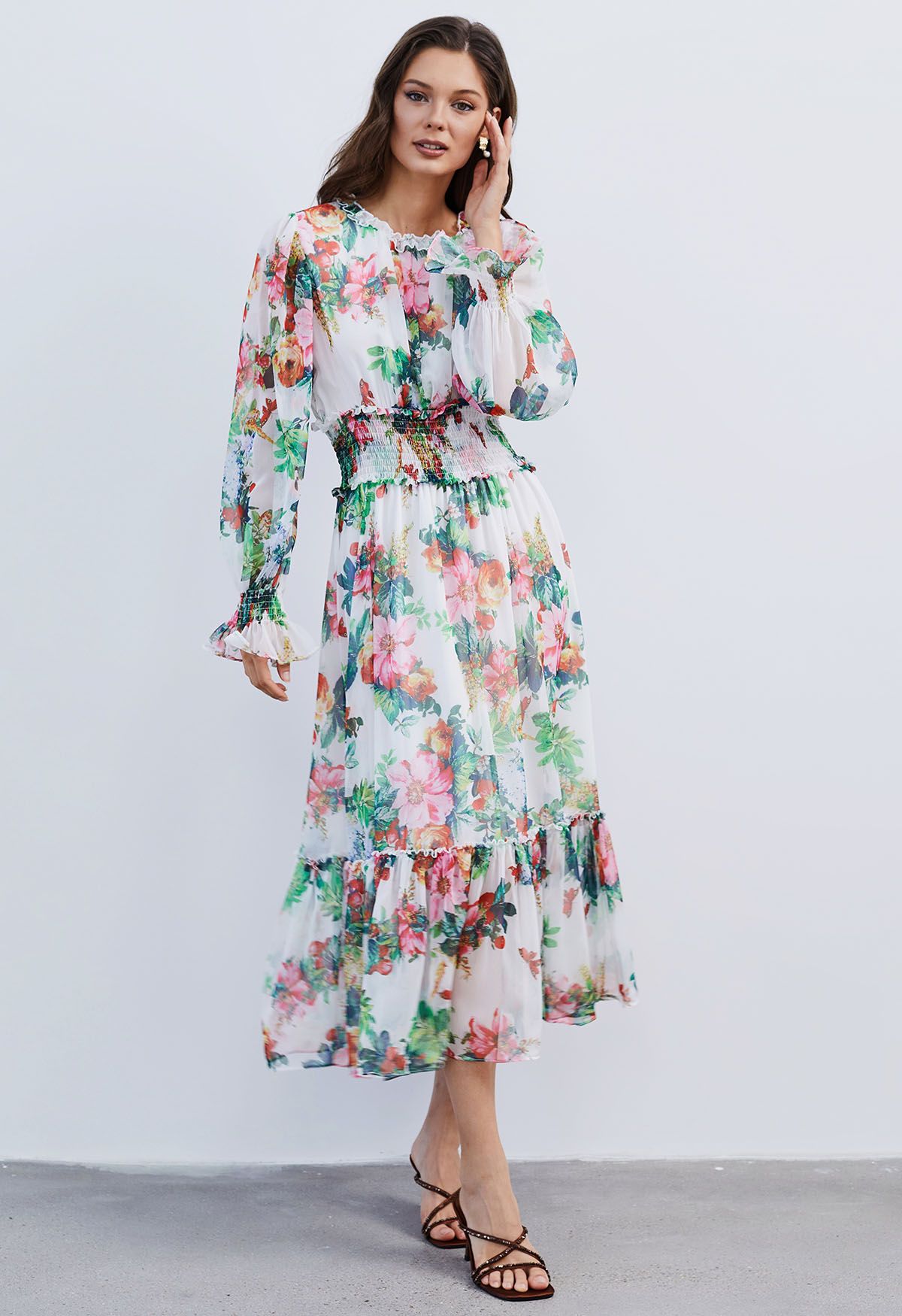 Thriving Garden Shirred Waist Chiffon Dress