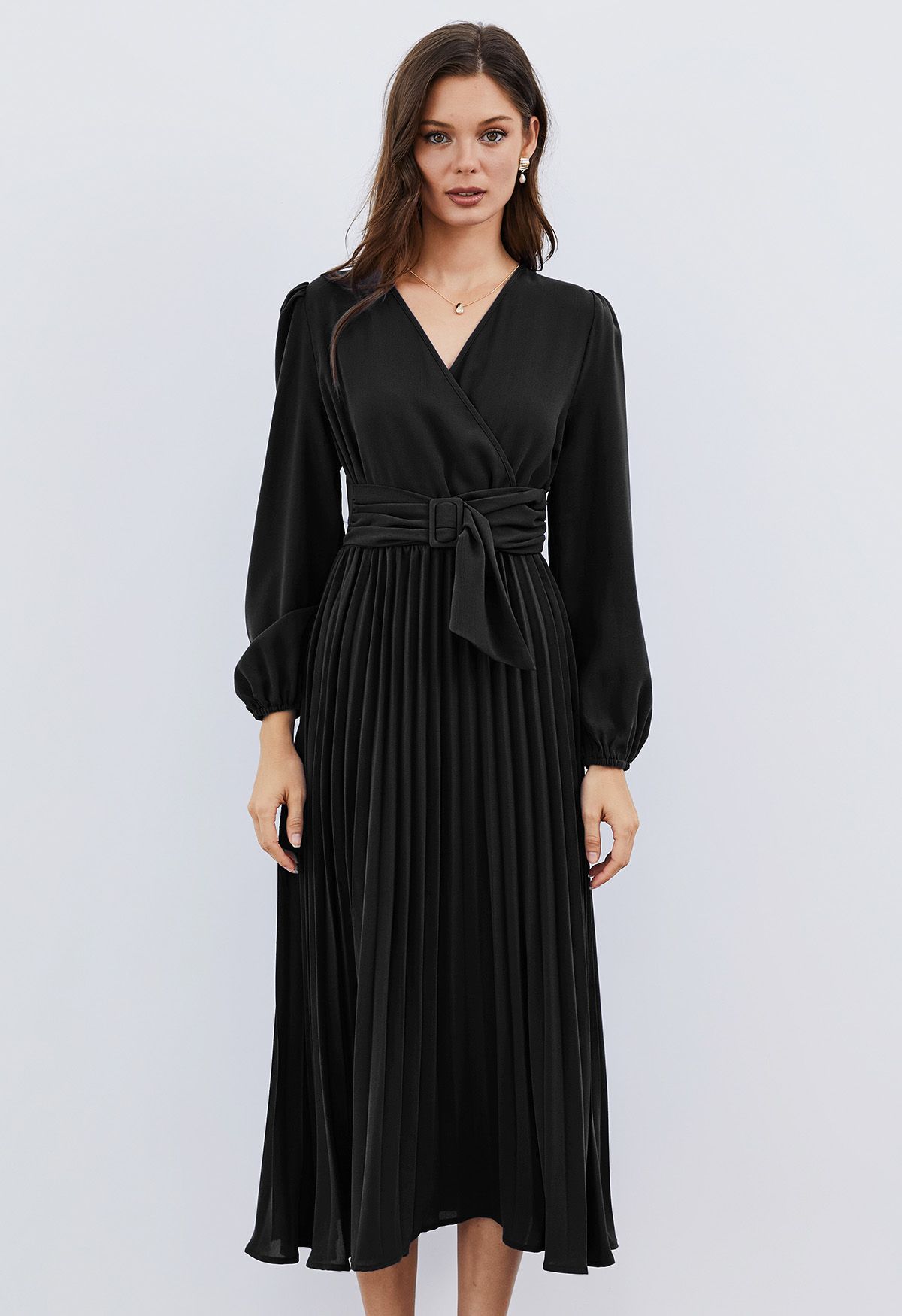 Wrap Front Buckle Belt Dress in Black - Retro, Indie and Unique Fashion