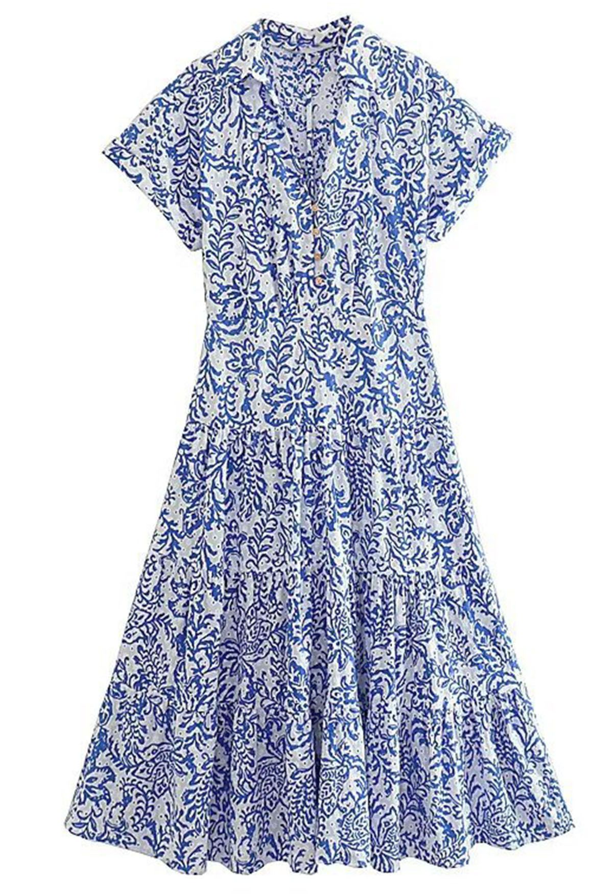 Blue Floral Cutout Back Eyelet Embroidery Dress - Retro, Indie and ...