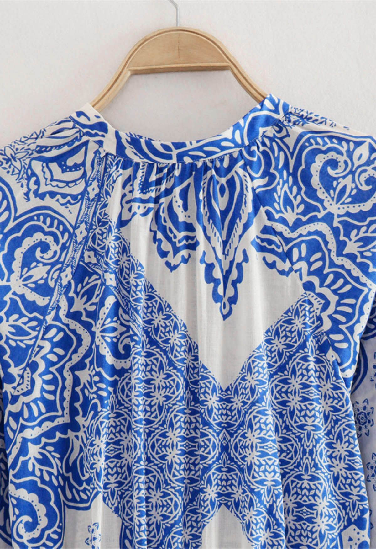 Blue Floral Printed Tie Waist Mini Dress - Retro, Indie and Unique Fashion