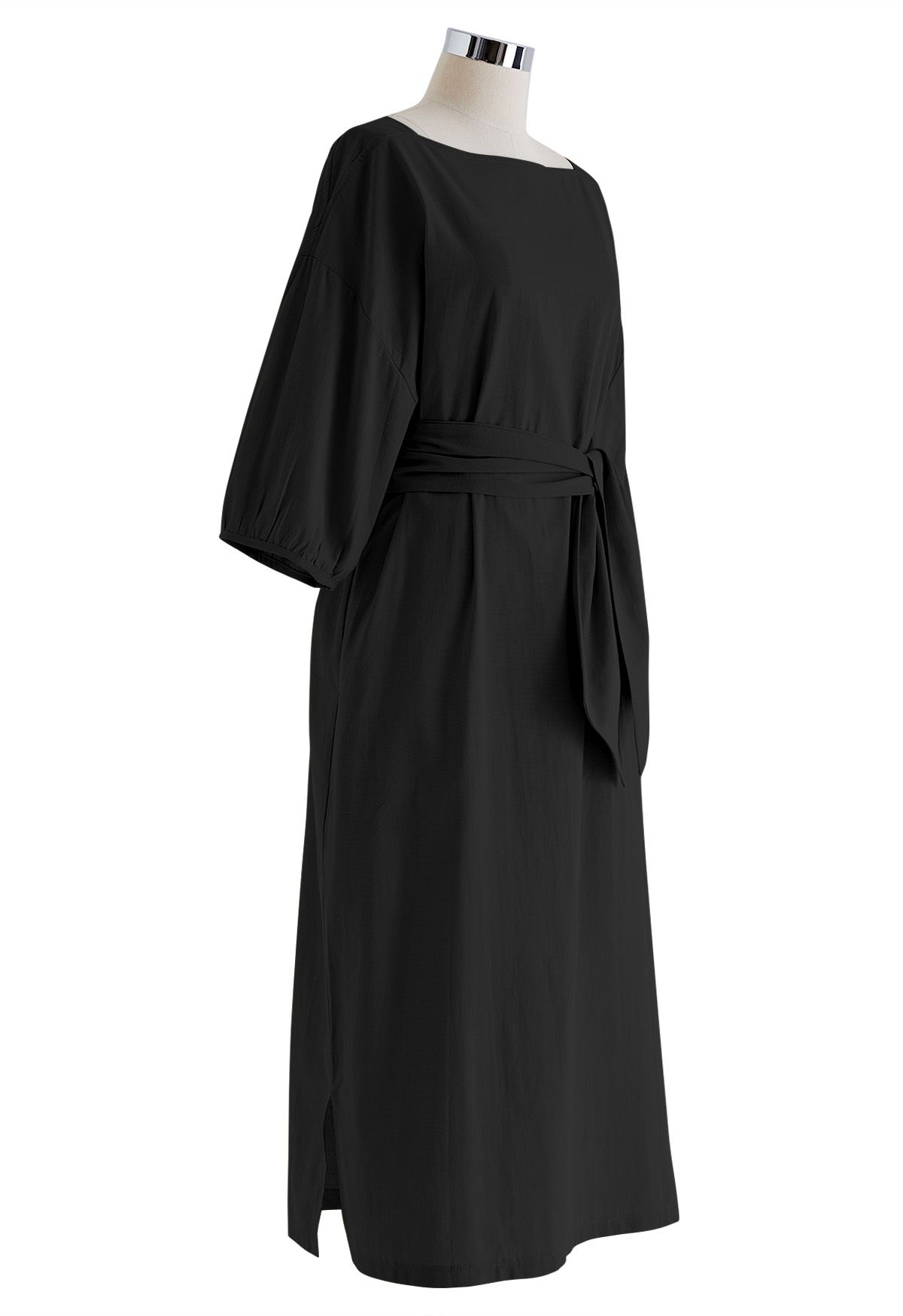 Tie-Waist Elbow Sleeves Linen Dress in Black