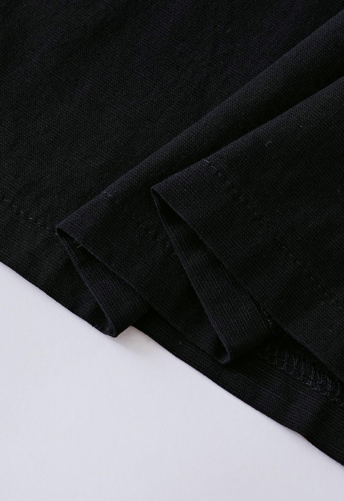 Tie-Waist Elbow Sleeves Linen Dress in Black