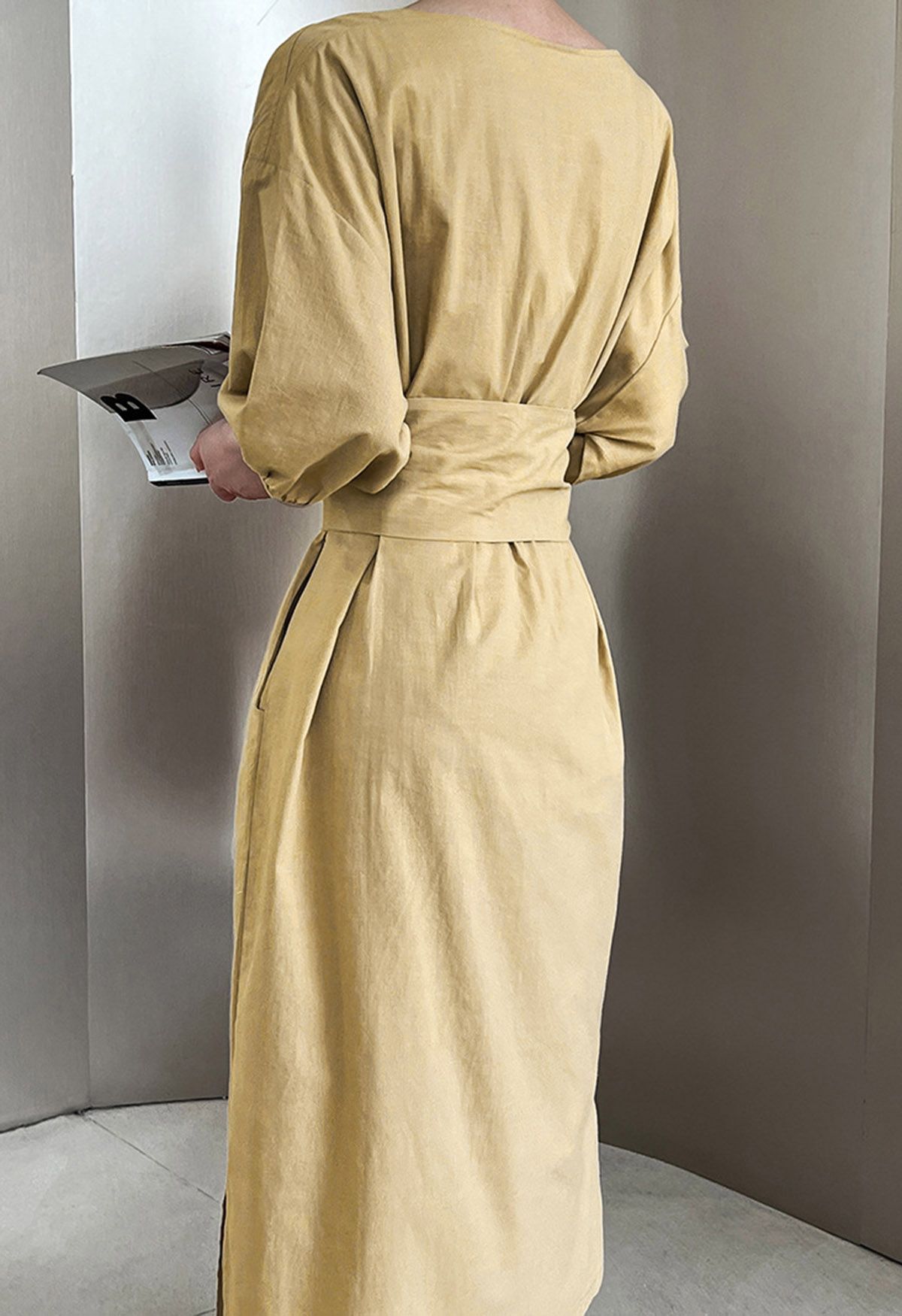 Tie-Waist Elbow Sleeves Linen Dress in Mustard
