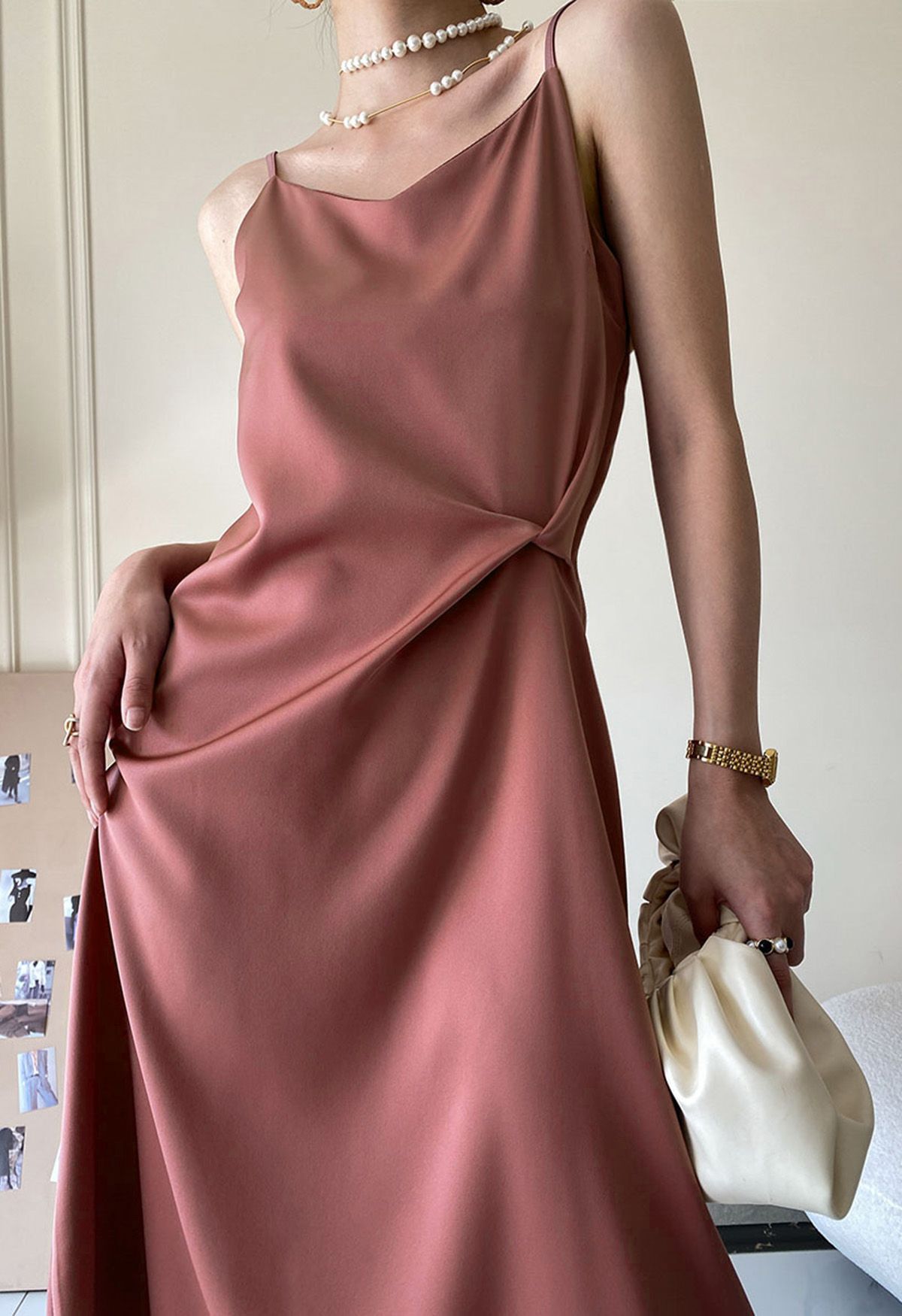 Sweetheart Neck Side Twisted Satin Cami Dress in Dusty Pink