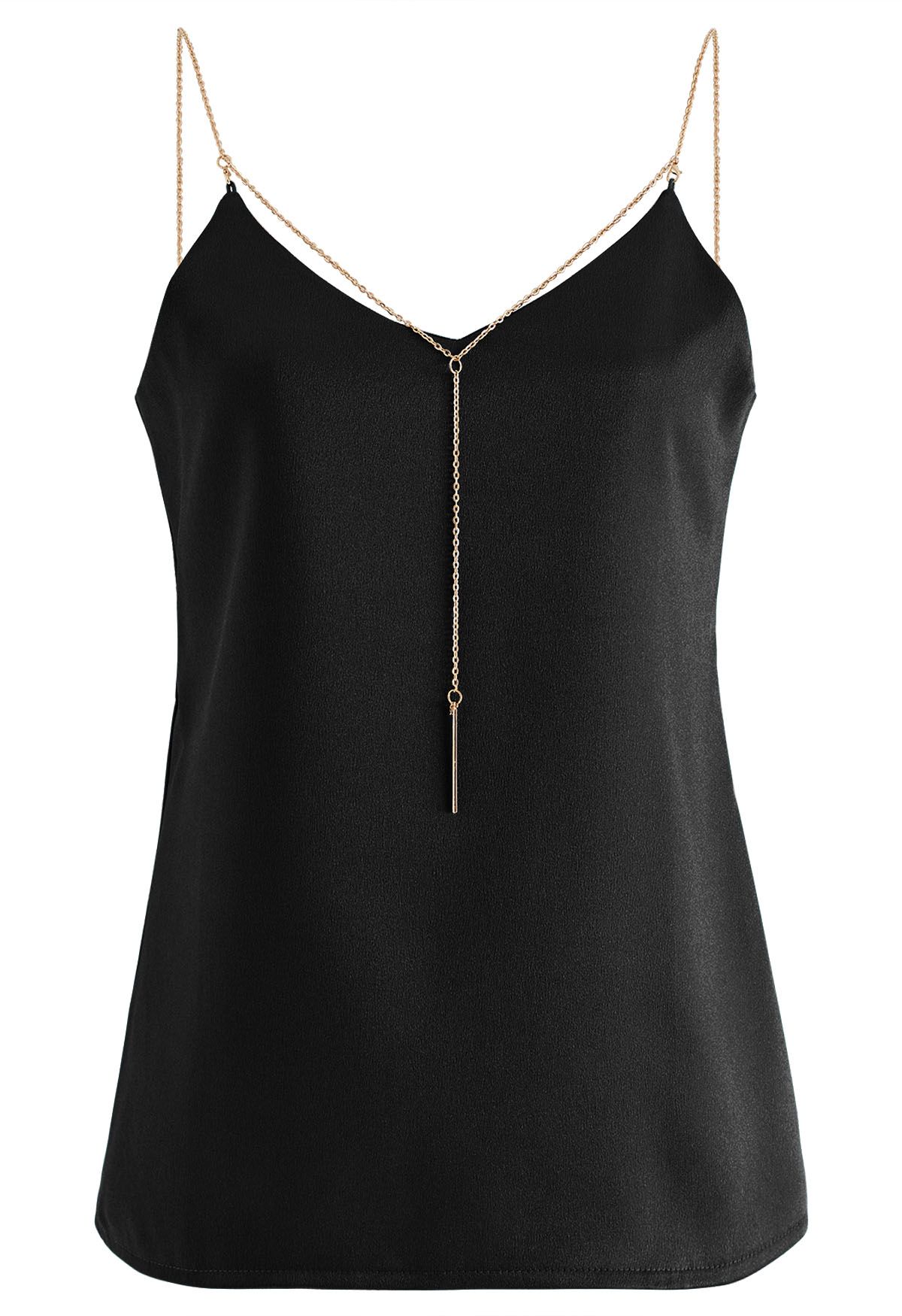 Golden Chain Embellished Satin Cami Top in Black - Retro, Indie