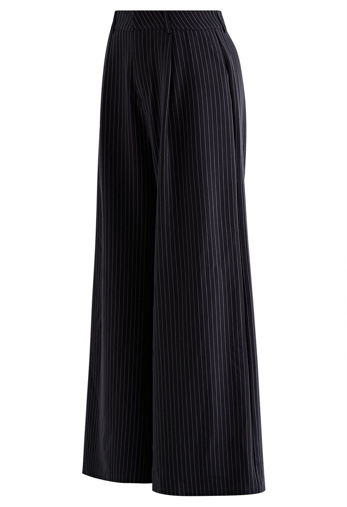 Vertical Stripe Straight-Leg Pants in Black