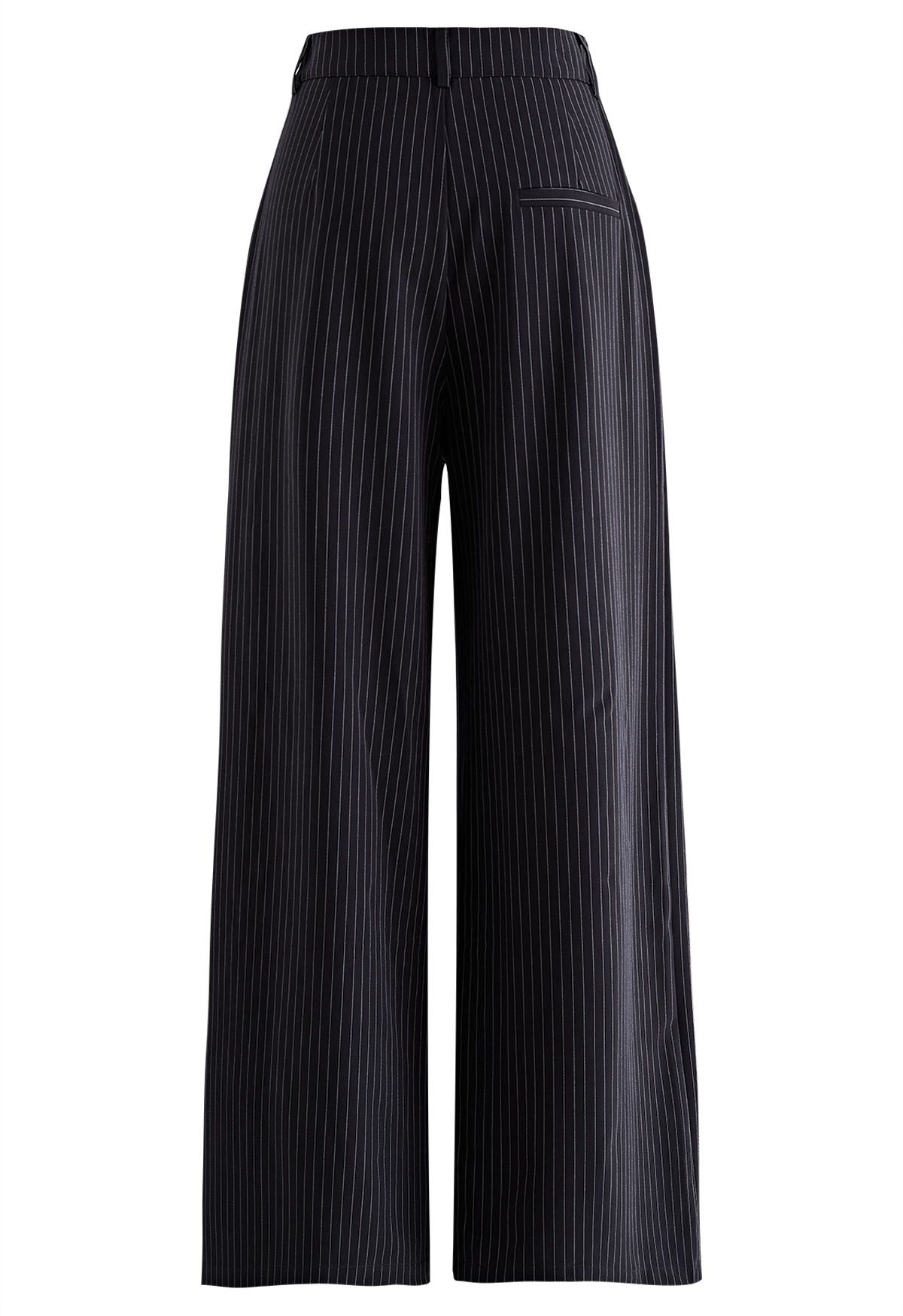 Vertical Stripe Straight-Leg Pants in Black