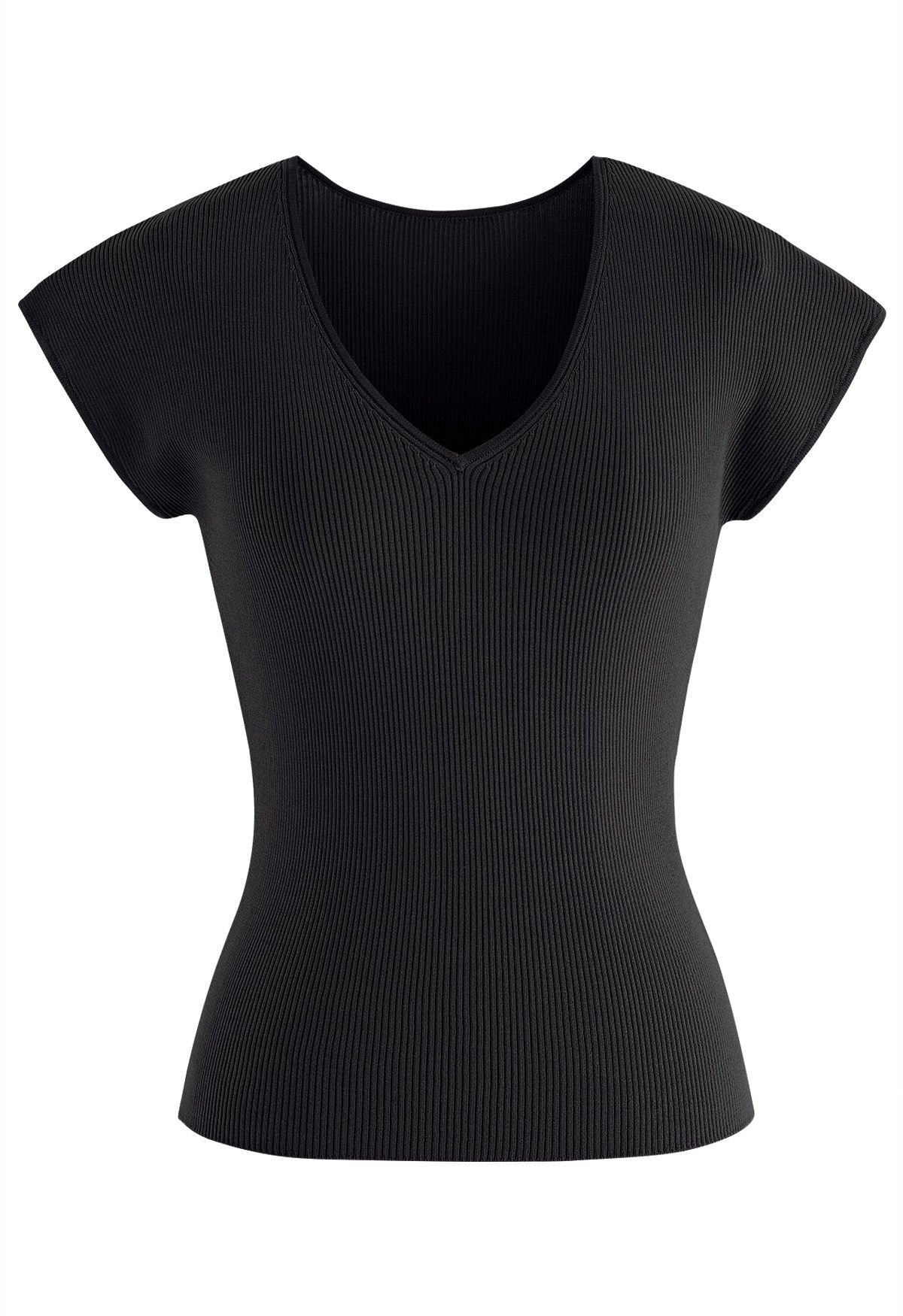 V-Neck Fitted Rib Knit Top in Black - Retro, Indie and Unique Fashion