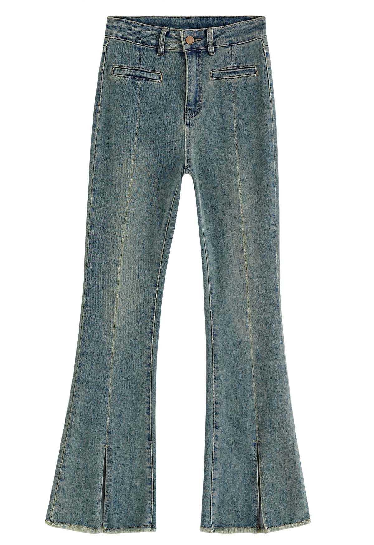 Welt Pocket Slit Frayed Hem Jeans - Retro, Indie and Unique Fashion