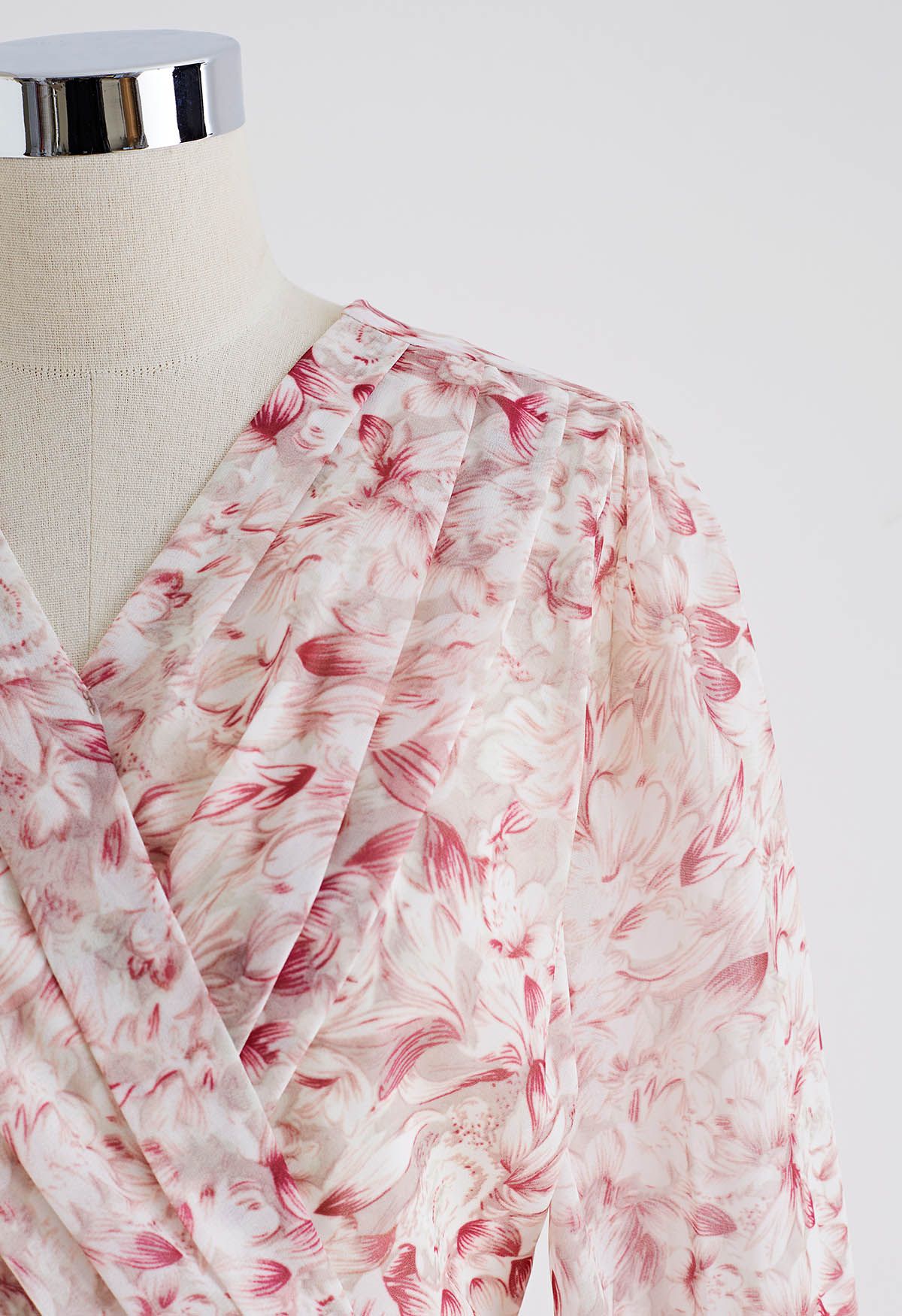 Pink Floral Faux-Wrap Ruffled Mini Dress