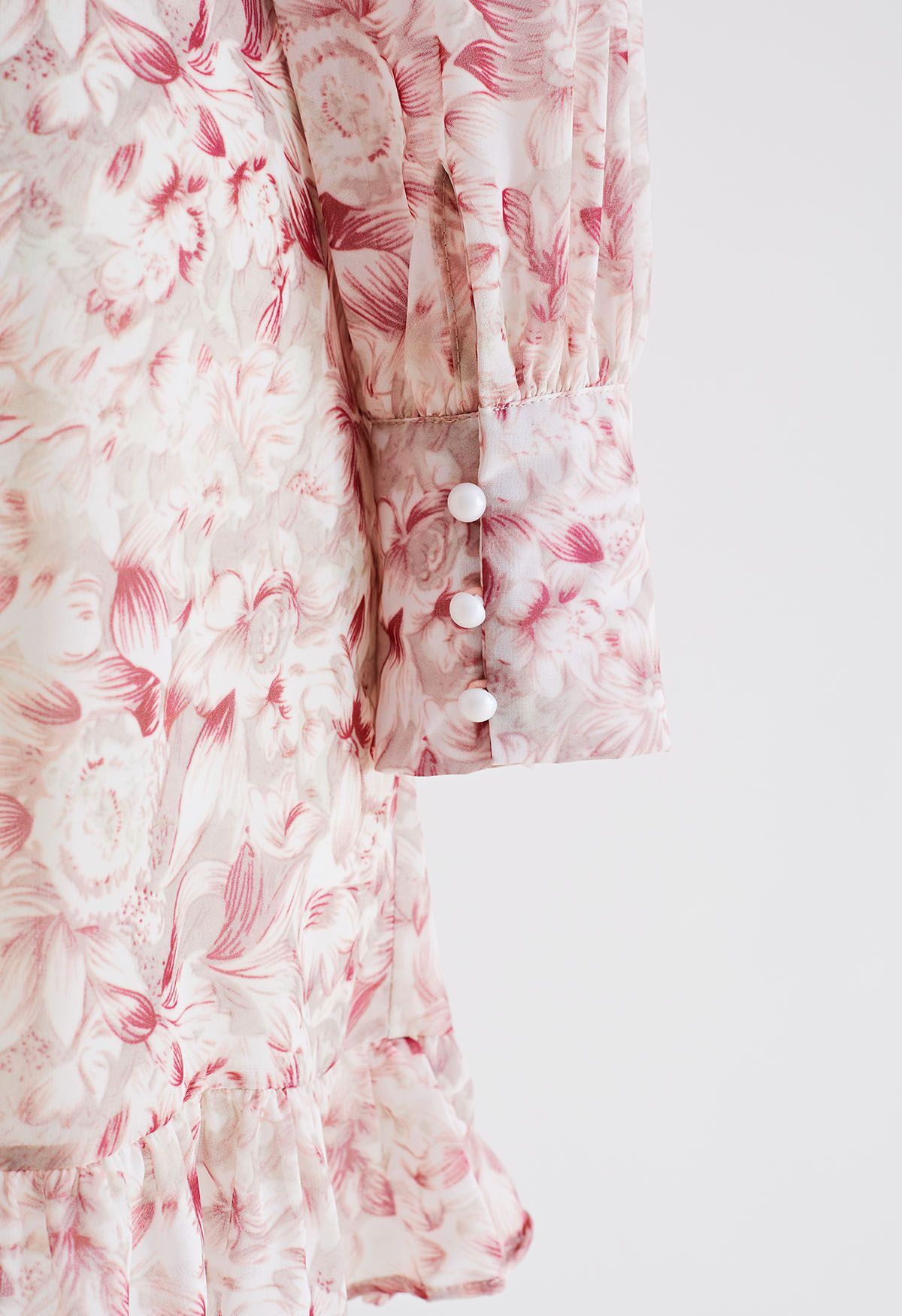 Pink Floral Faux-Wrap Ruffled Mini Dress