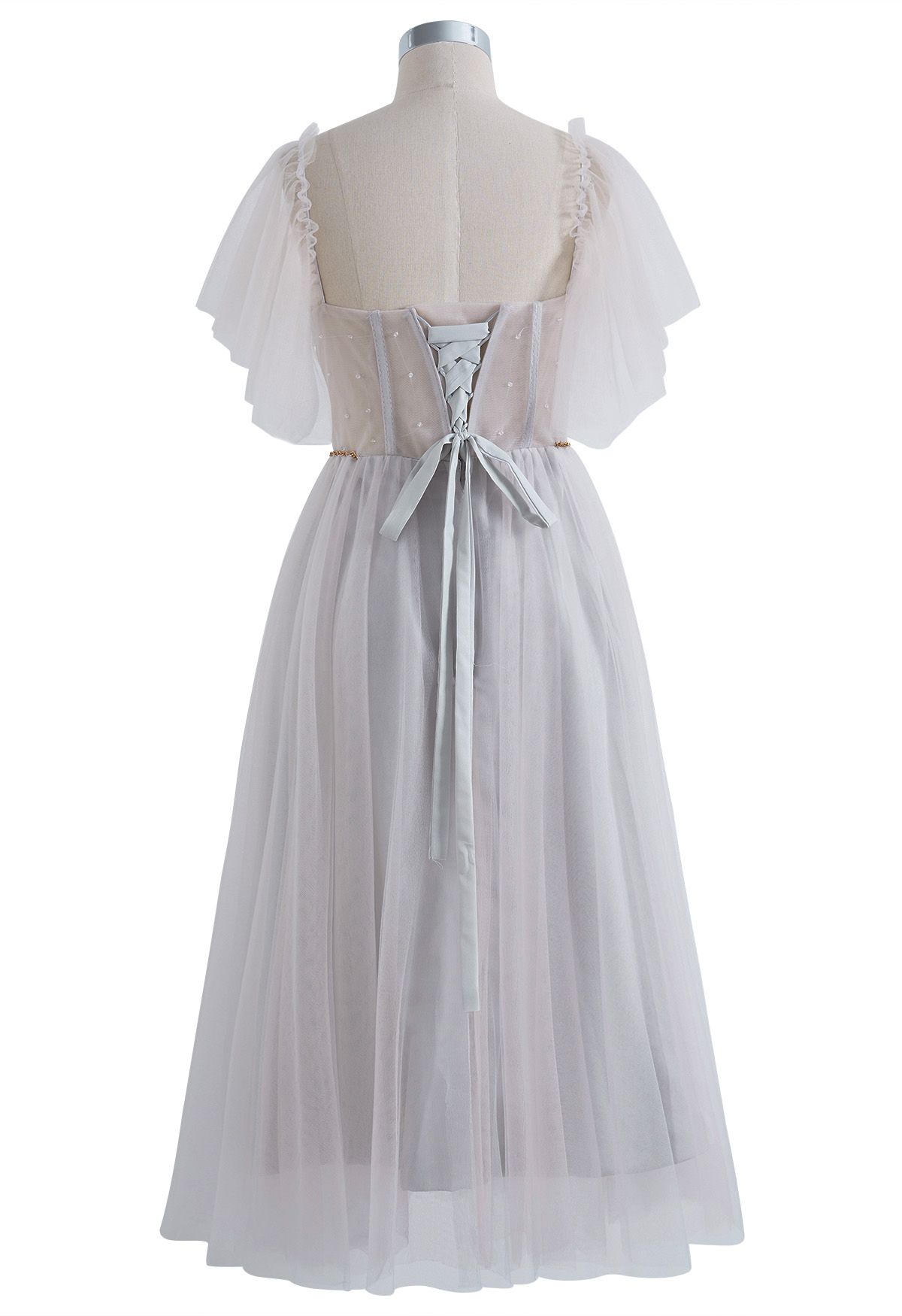 Rhinestone Embellished Lace-Up Back Mesh Dress