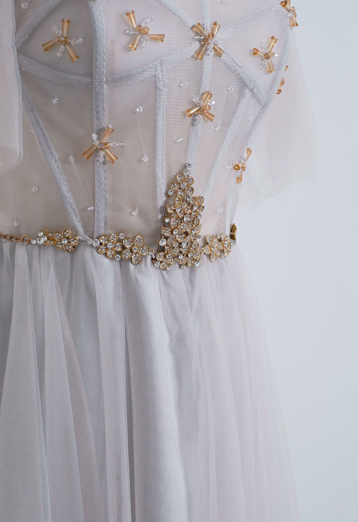 Rhinestone Embellished Lace-Up Back Mesh Dress