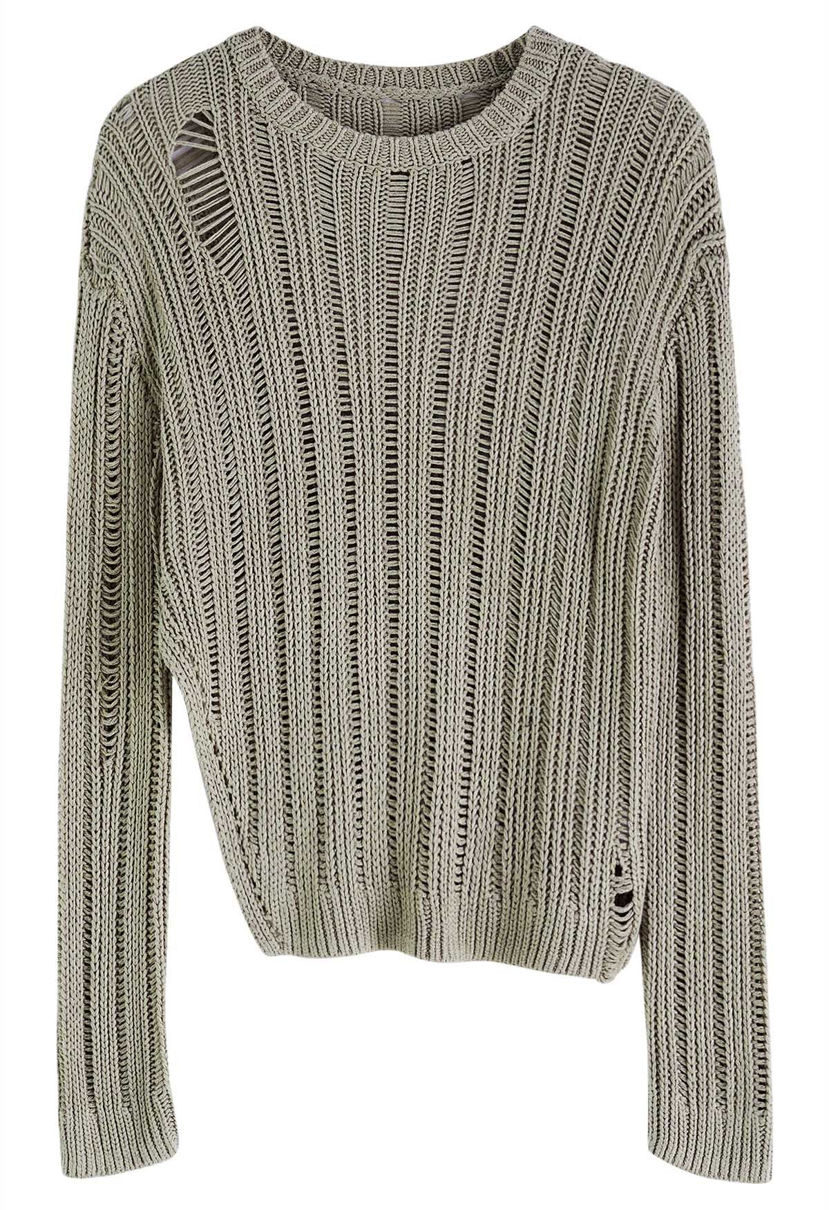 Side Slit Pointelle Knit Sweater in Khaki