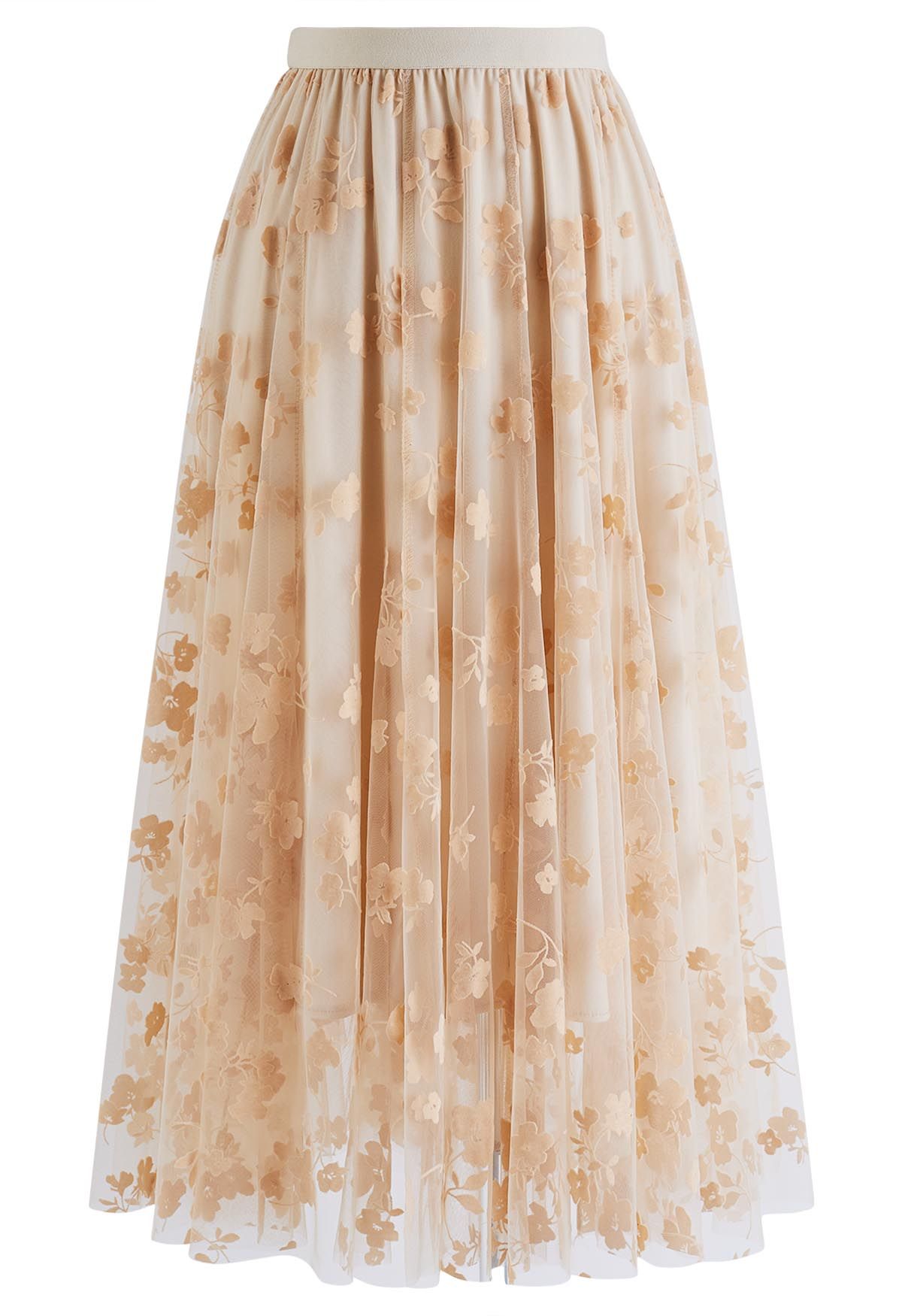 3D Posy Double-Layered Mesh Midi Skirt in Light Tan - Retro, Indie and  Unique Fashion