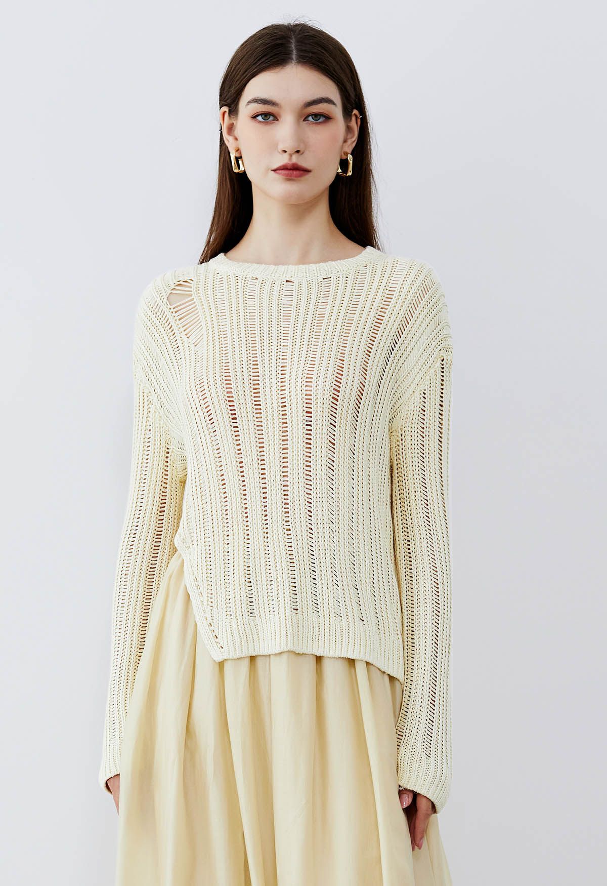 Side Slit Pointelle Knit Sweater in Cream