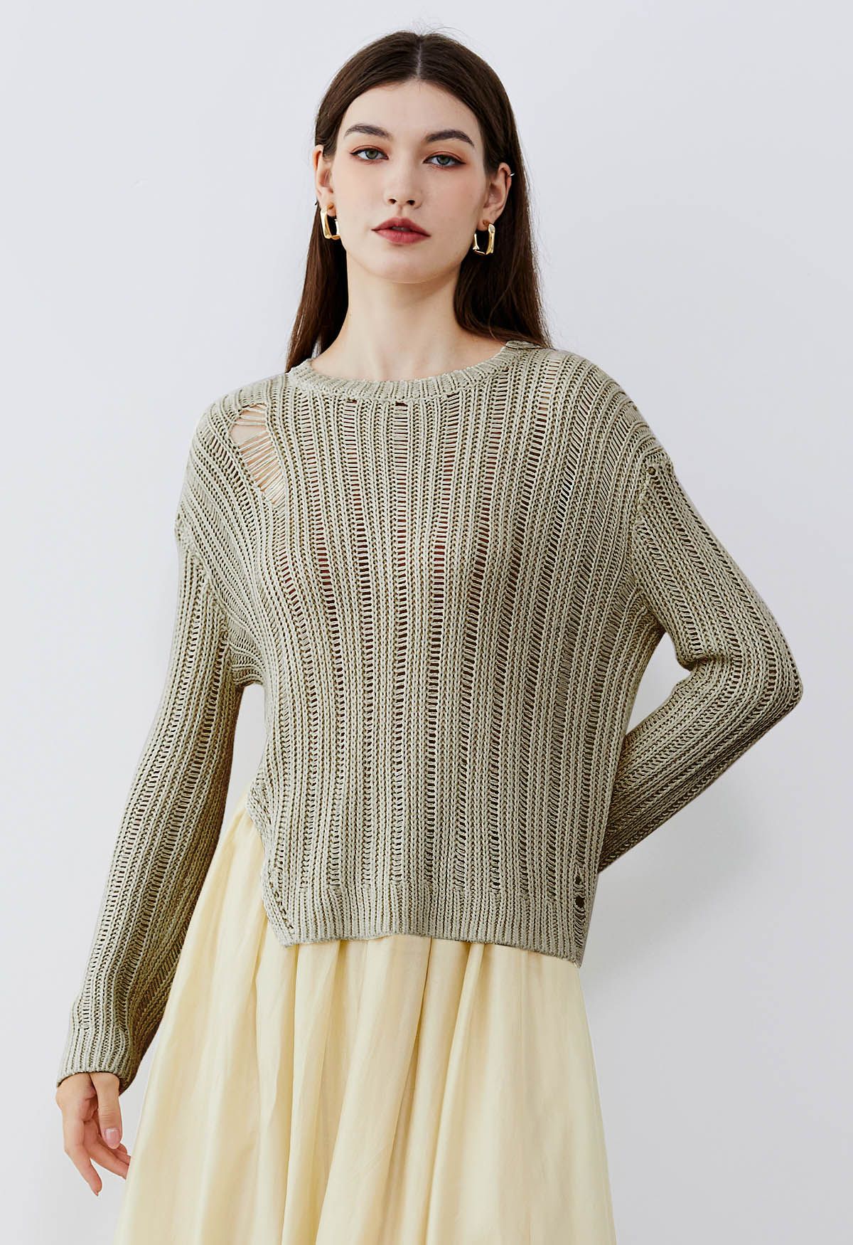 Side Slit Pointelle Knit Sweater in Khaki
