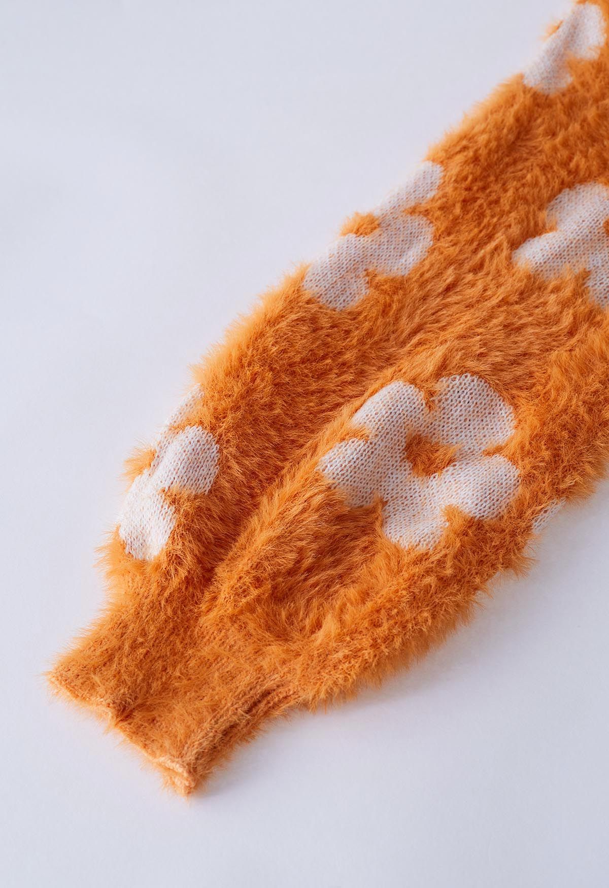 Cuteness Flowers Fuzzy Knit Cardigan in Orange