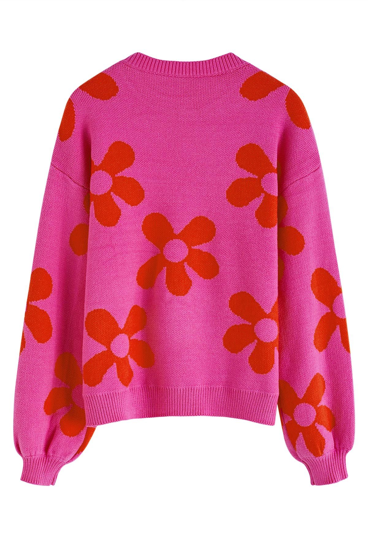 Cuteness Flowers Boxy Round Neck Knit Sweater in Hot Pink - Retro ...