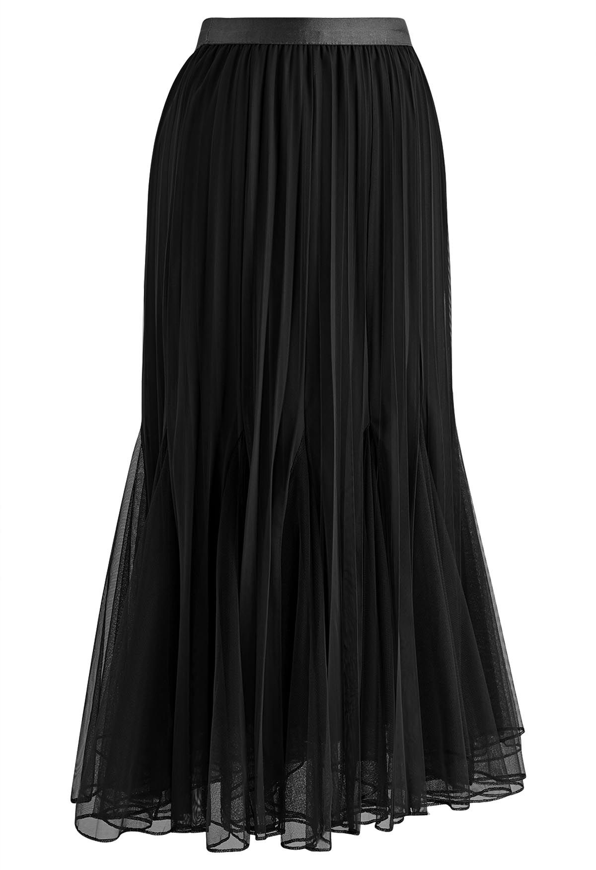 Panelled Pleated Mesh Tulle Midi Skirt in Black - Retro, Indie and ...