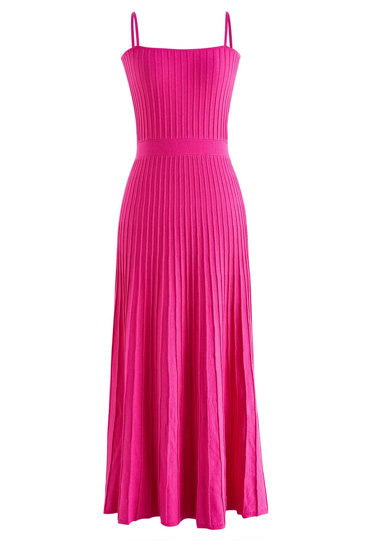 Solid Pleated Knit Cami Dress in Hot Pink